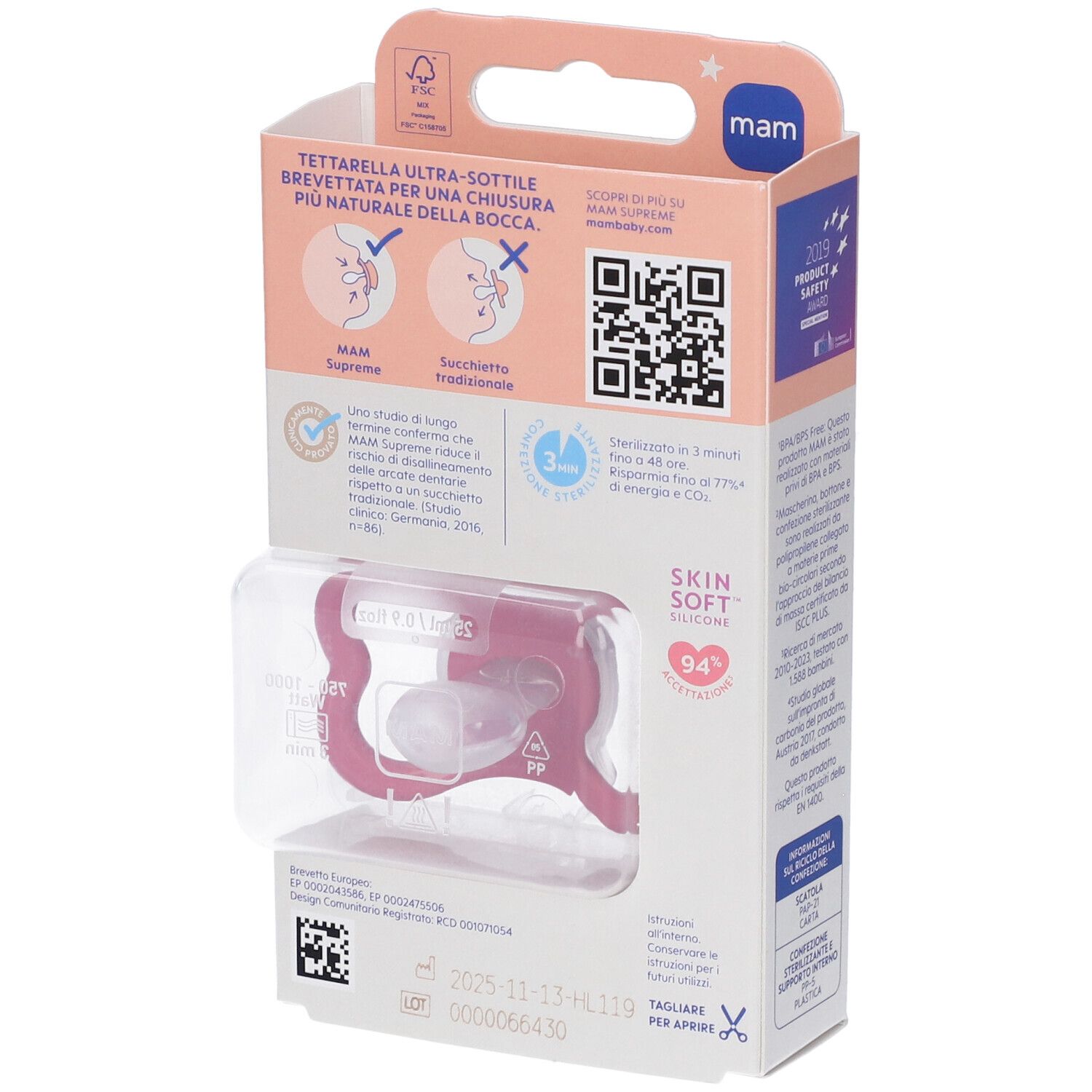 Retro della confezione del succhietto MAM. Caratteristiche del prodotto, certificazioni e codice QR visibili.