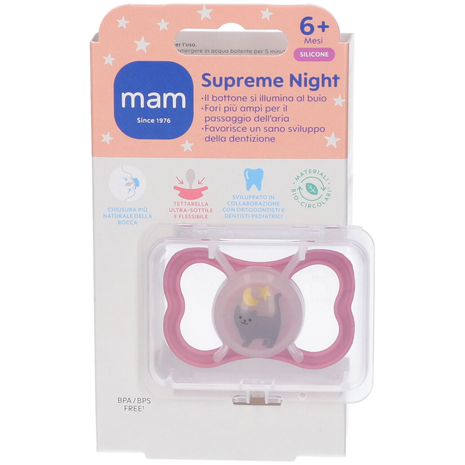 Succhietto MAM rosa in confezione. 6+ mesi, silicone. Confezione con informazioni sul prodotto e logo.
