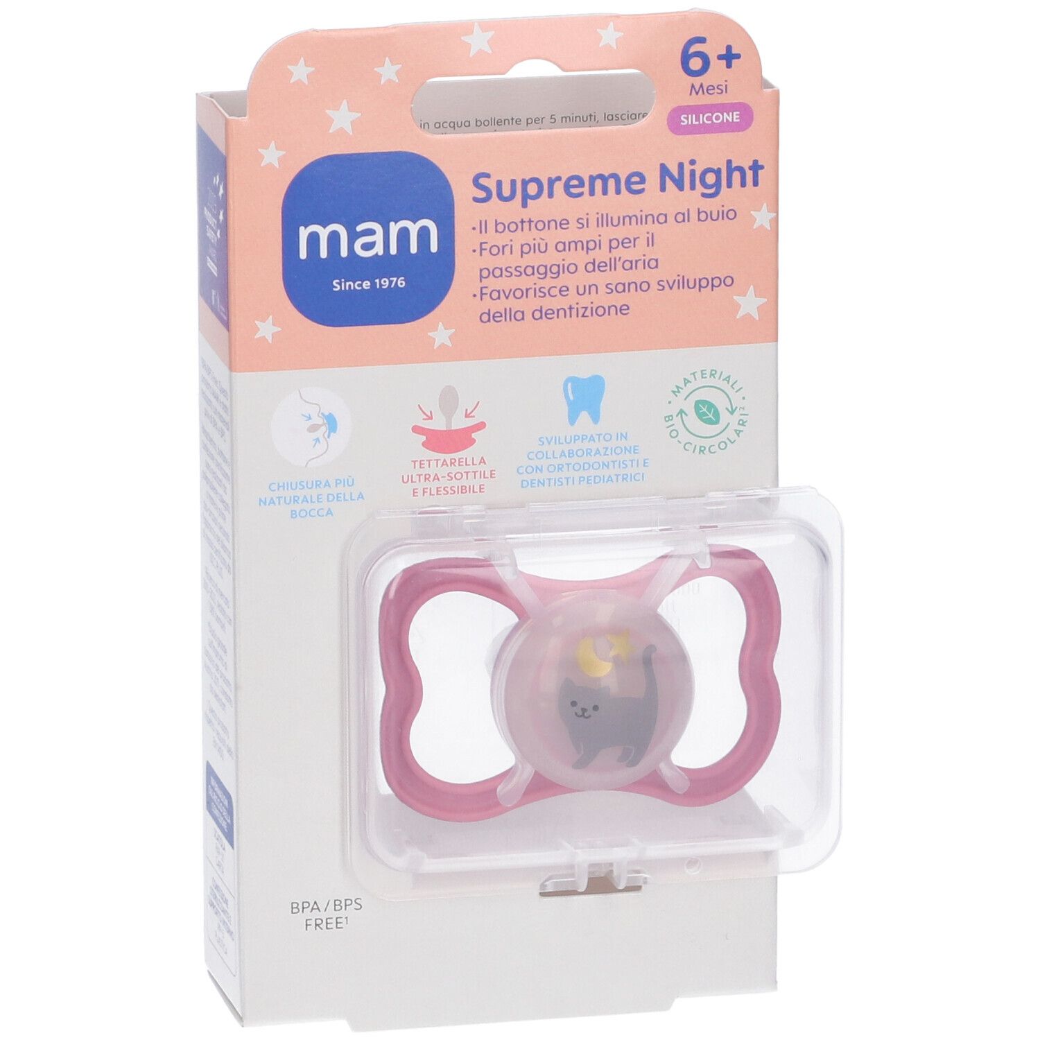 Succhietto MAM rosa in confezione. 6+ mesi, silicone. Confezione con informazioni sul prodotto e logo.
