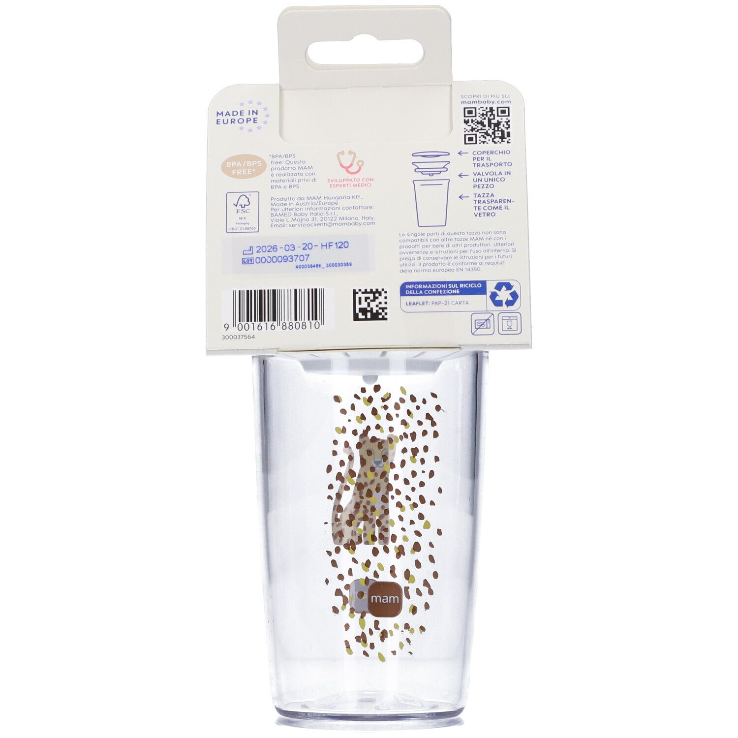Retro del MAM Easy To Drink Cup, 290 ml, con informazioni sul prodotto e codice a barre.