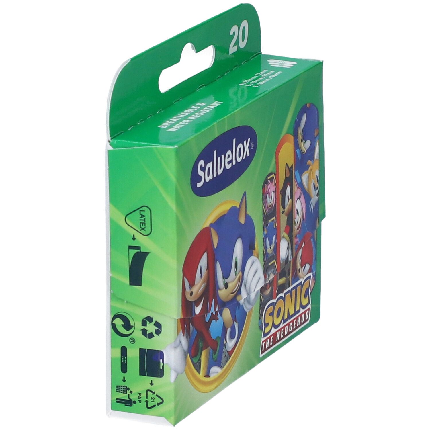Confezione verde, vista laterale. Logo Salvelox e personaggi Sonic. Contiene 20 cerotti. Resistente all'acqua e traspirante.