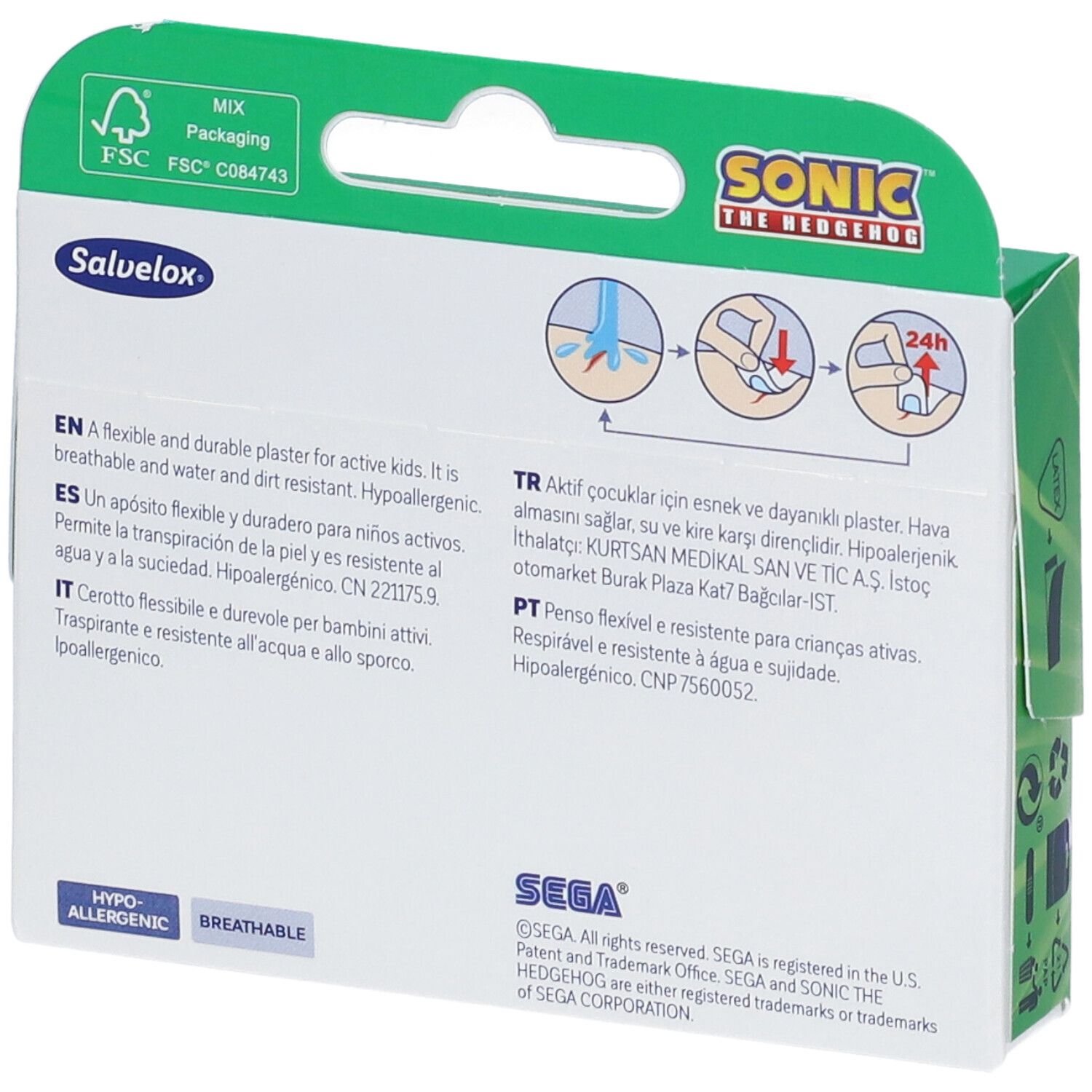 Retro della confezione. Testo multilingue. Ipoallergenico e traspirante. Certificazione FSC.