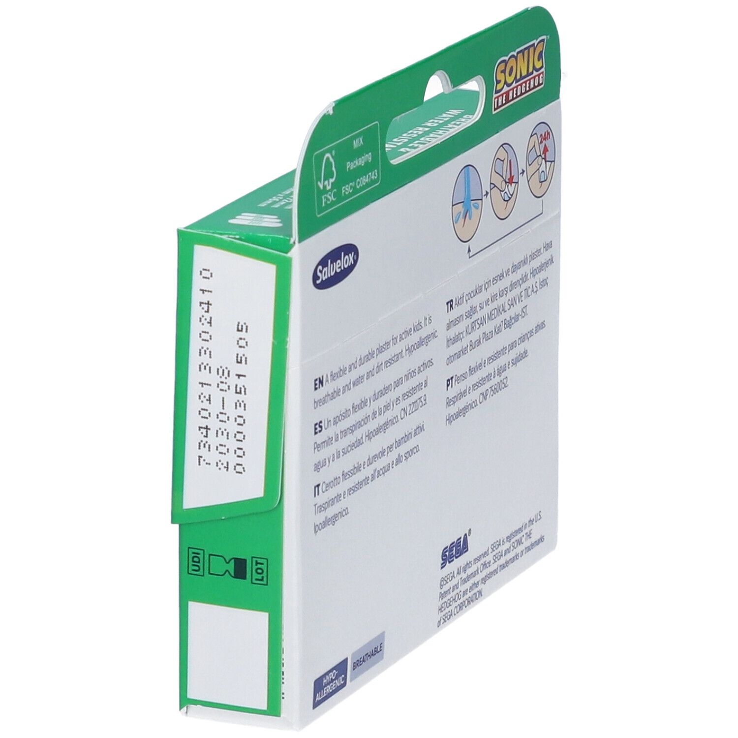 Retro della confezione, vista dettagliata. Testo e loghi. Certificazione FSC. Informazioni sul prodotto.