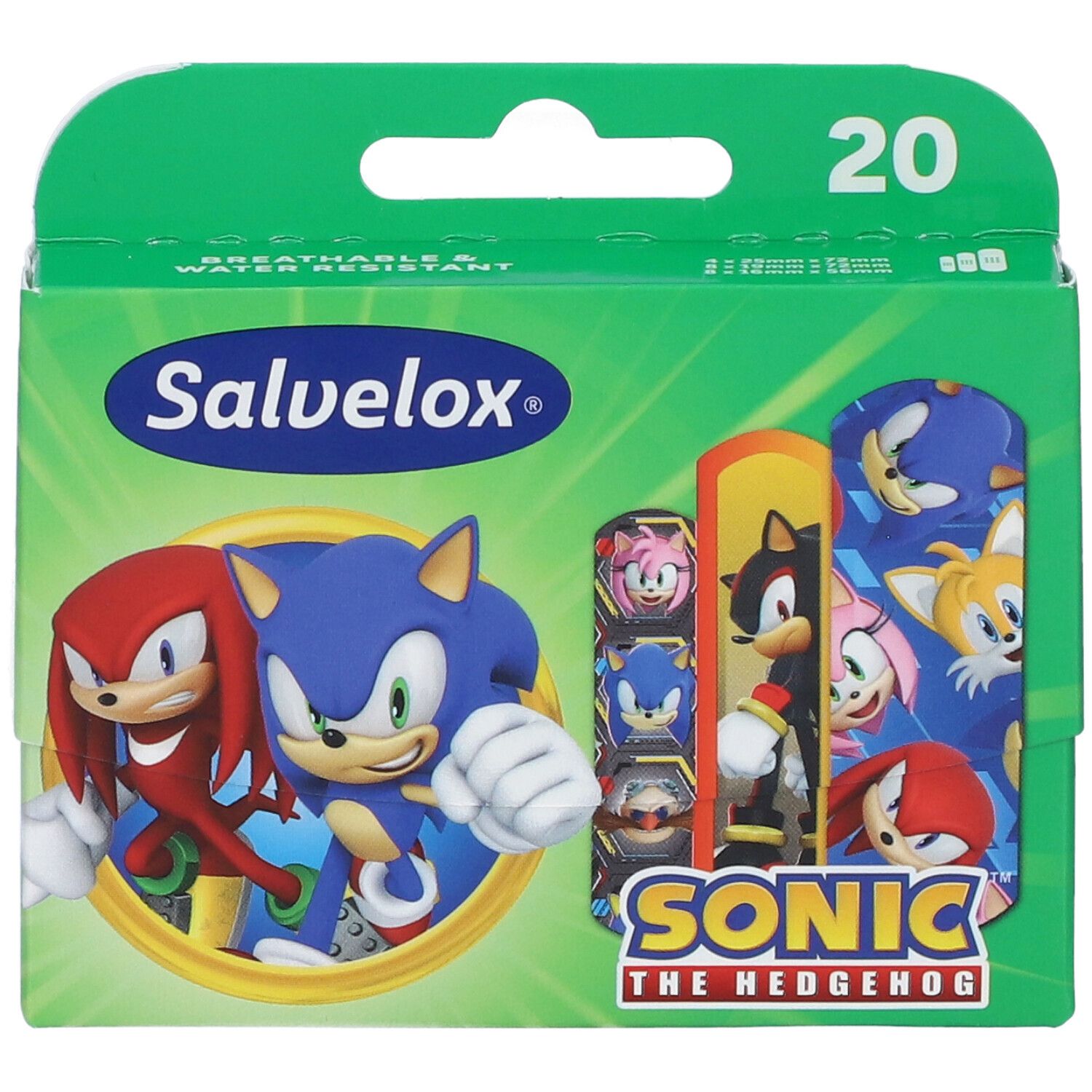 Confezione verde con logo Salvelox e personaggi Sonic. Contiene 20 cerotti. Immagine di Sonic the Hedgehog.