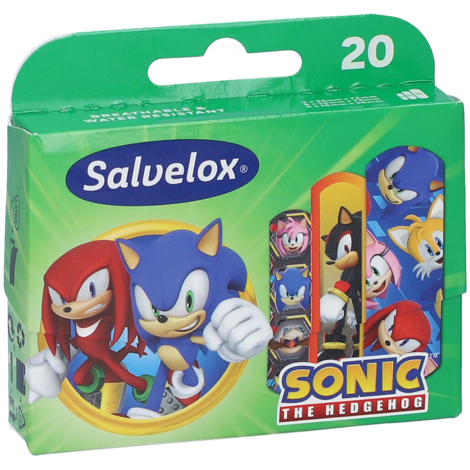 Confezione verde con logo Salvelox e personaggi Sonic. Contiene 20 cerotti. Immagine di Sonic the Hedgehog.