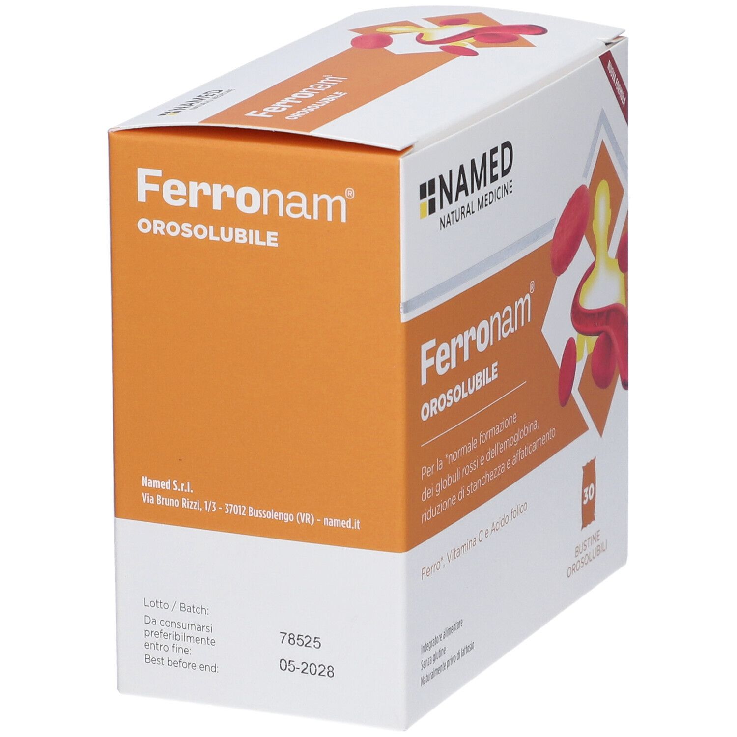 Scatola Ferronam Orosolubile. Dettagli arancioni, immagine prodotto. Contiene 30 bustine. Marchio NAMED.