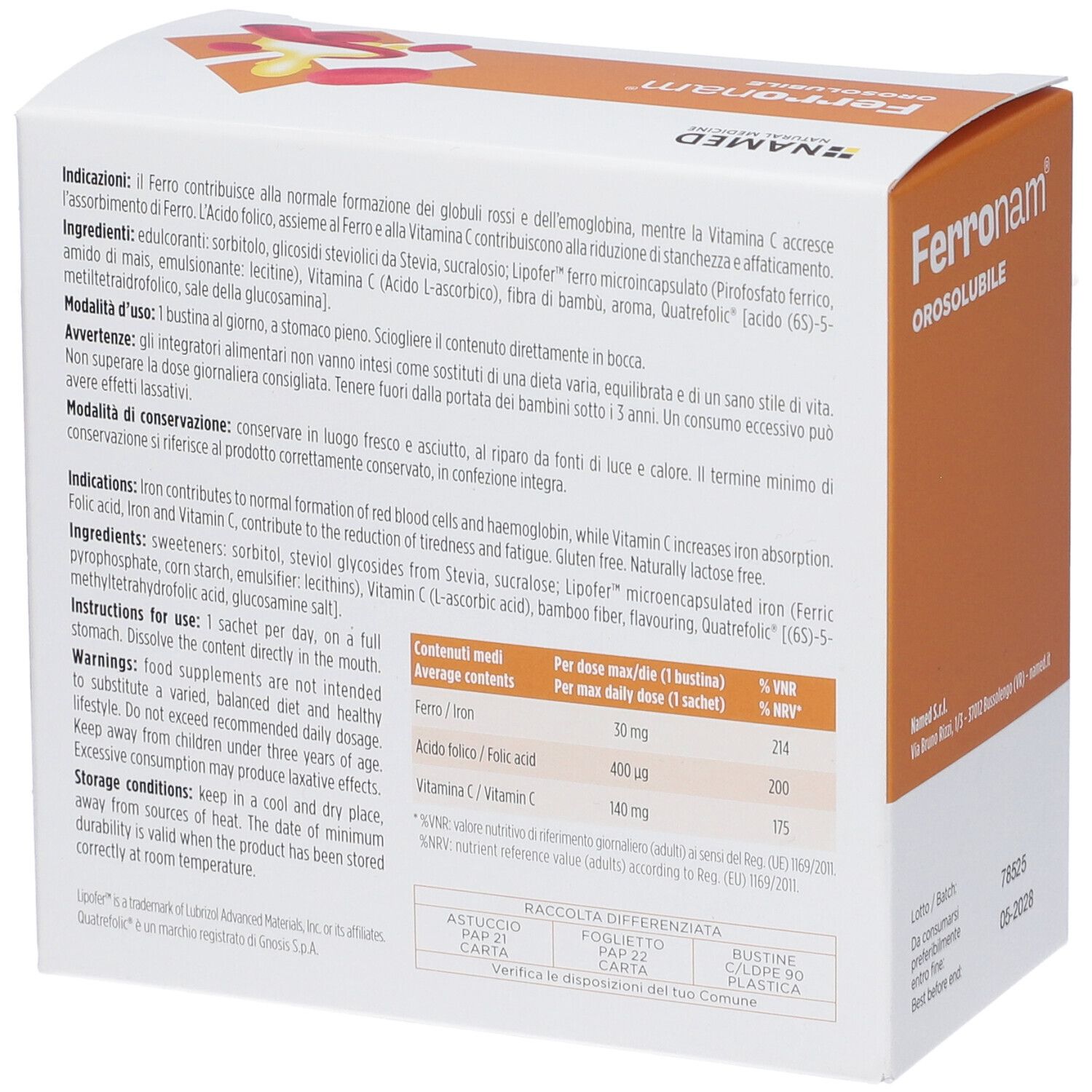 Retro scatola Ferronam Orosolubile. Testo multilingue. Ingredienti e informazioni nutrizionali.