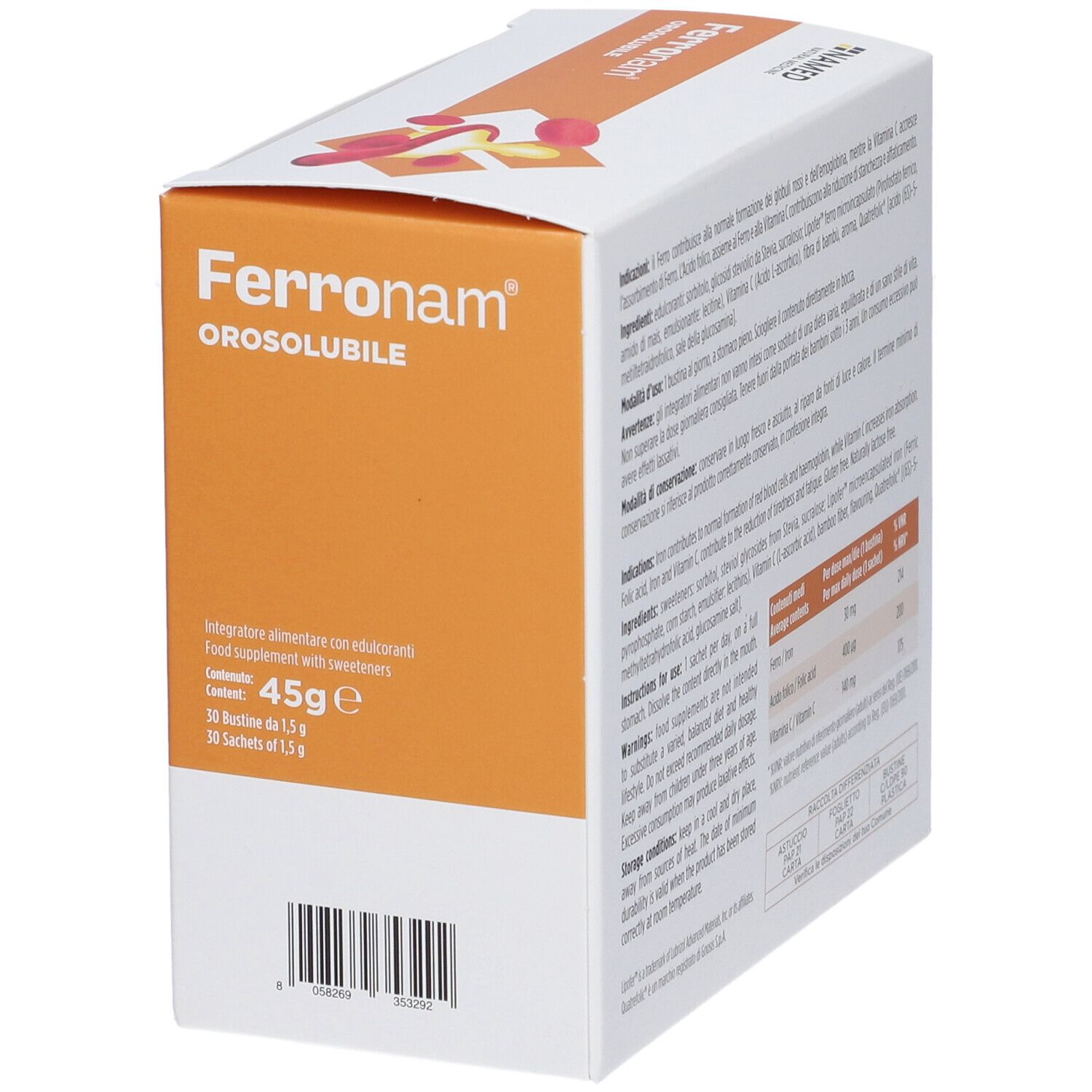 Scatola Ferronam Orosolubile. Dettagli arancioni, immagine prodotto. Contiene 30 bustine. Marchio NAMED.