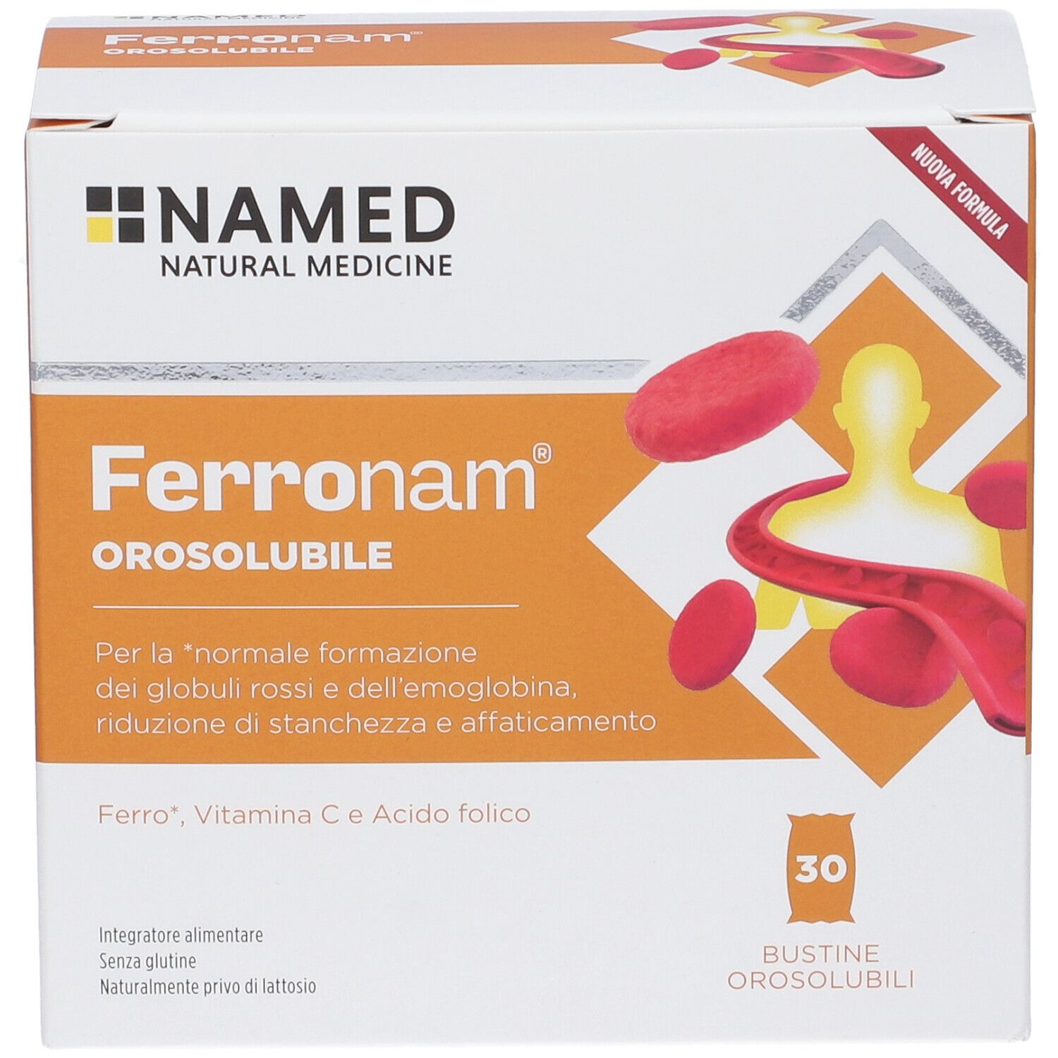 Scatola Ferronam Orosolubile. Dettagli arancioni, immagine prodotto. Contiene 30 bustine. Marchio NAMED.