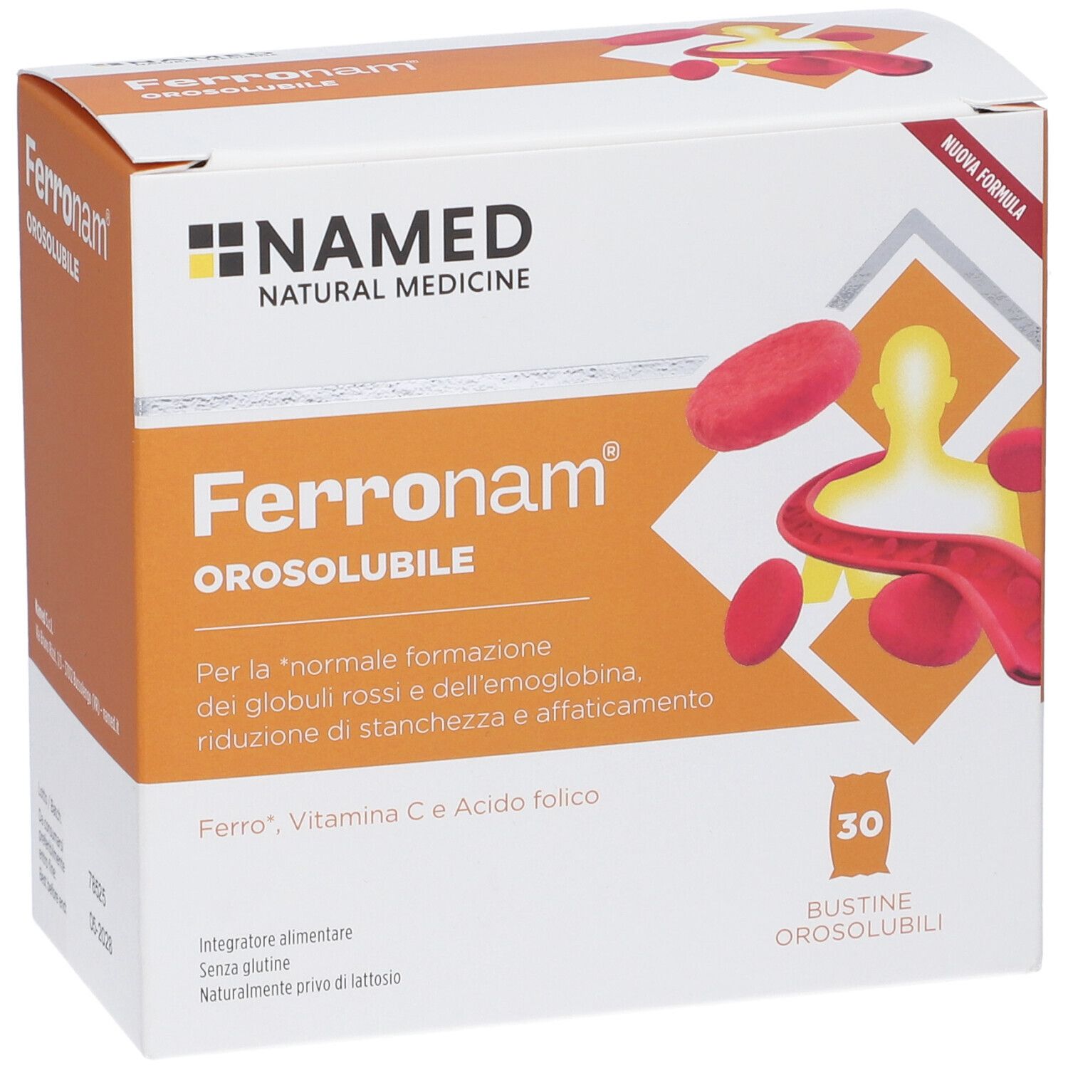 Scatola Ferronam Orosolubile. Dettagli arancioni, immagine prodotto. Contiene 30 bustine. Marchio NAMED.