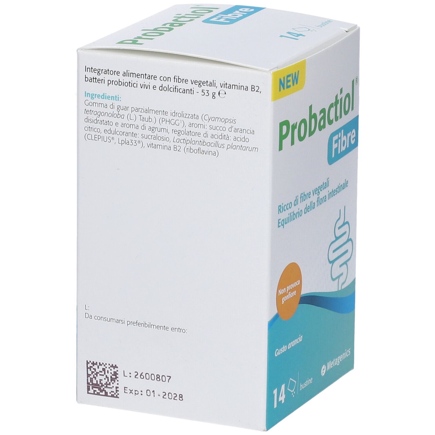 Scatola "Probactiol Fibre". Testo: ingredienti, 14 bustine, "NEW". Codice QR e data di scadenza.