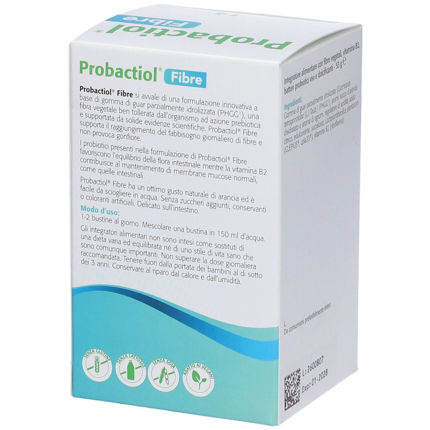 Scatola "Probactiol Fibre". Testo: modo d'uso, ingredienti, 14 bustine. Logo Metagenics.