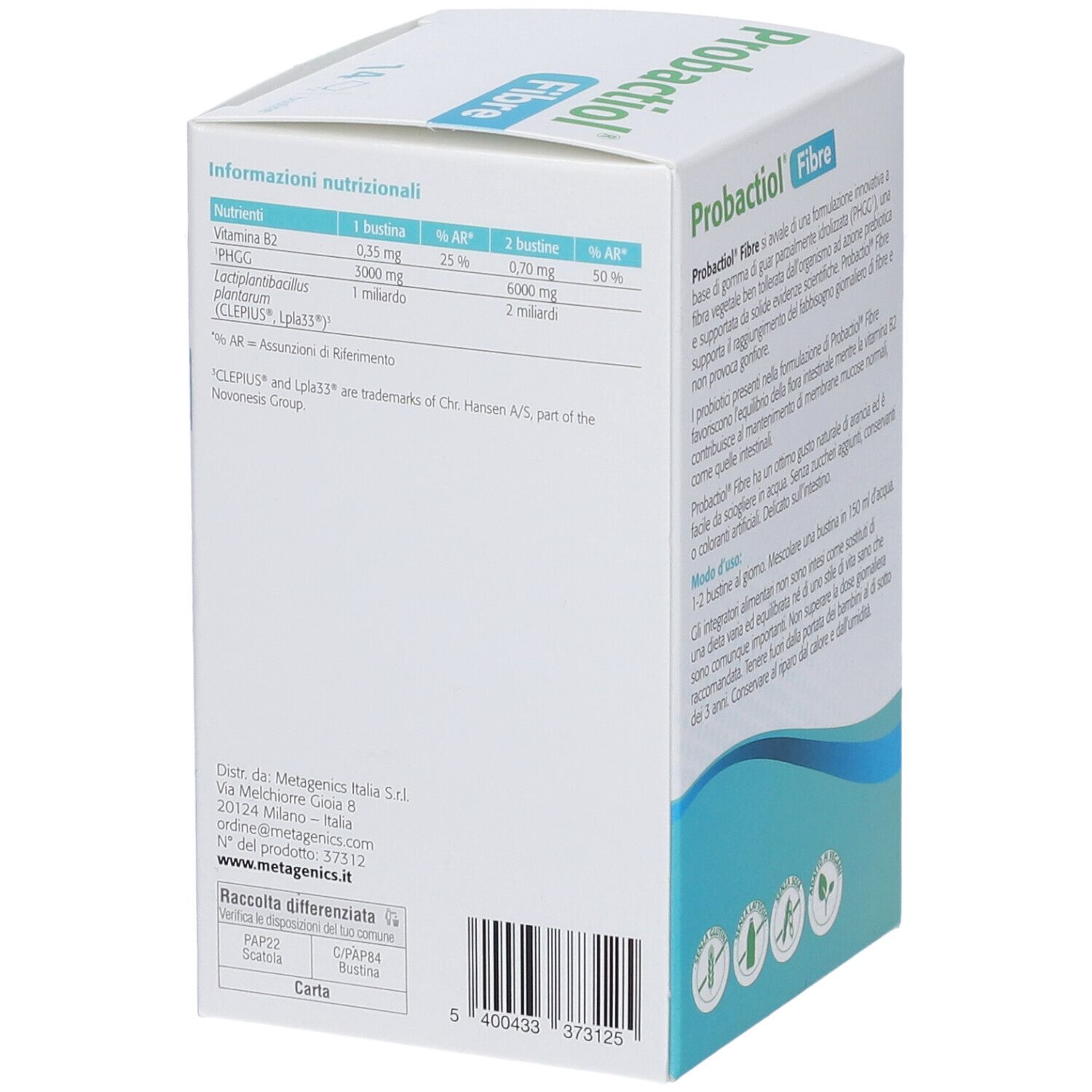 Scatola "Probactiol Fibre". Testo: informazioni nutrizionali, ingredienti, 14 bustine. Logo Metagenics.