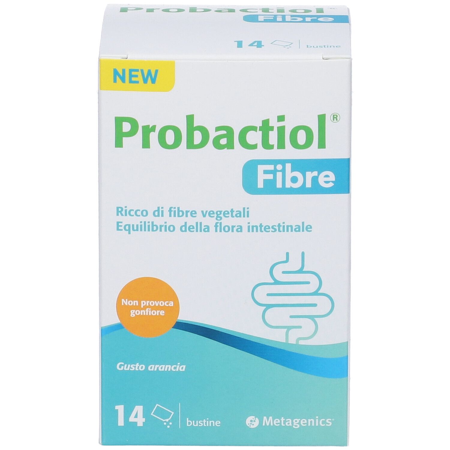 Scatola bianca "Probactiol Fibre". Contiene 14 bustine. Testo: "Gusto arancia". Logo Metagenics.