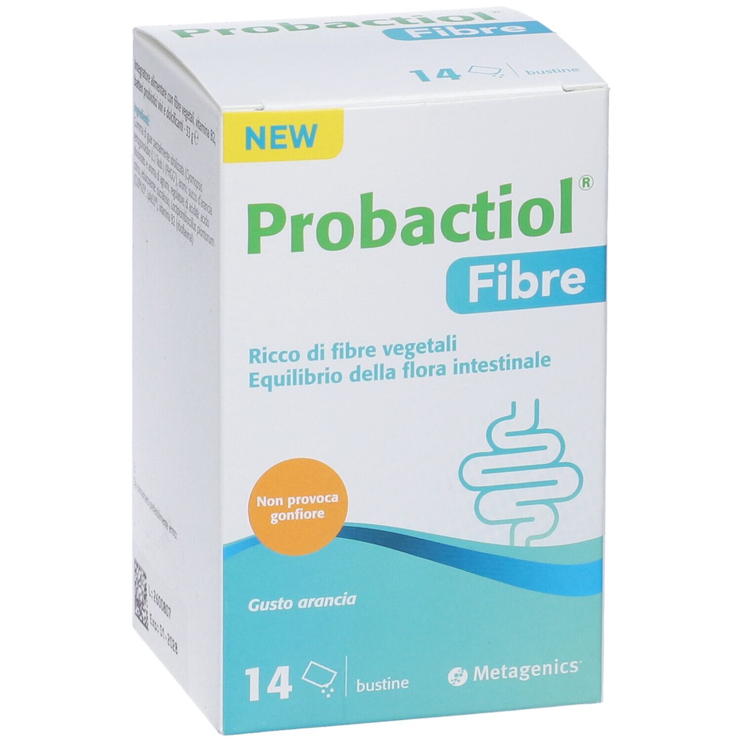 Scatola bianca "Probactiol Fibre". Contiene 14 bustine. Testo: "Gusto arancia". Logo Metagenics.