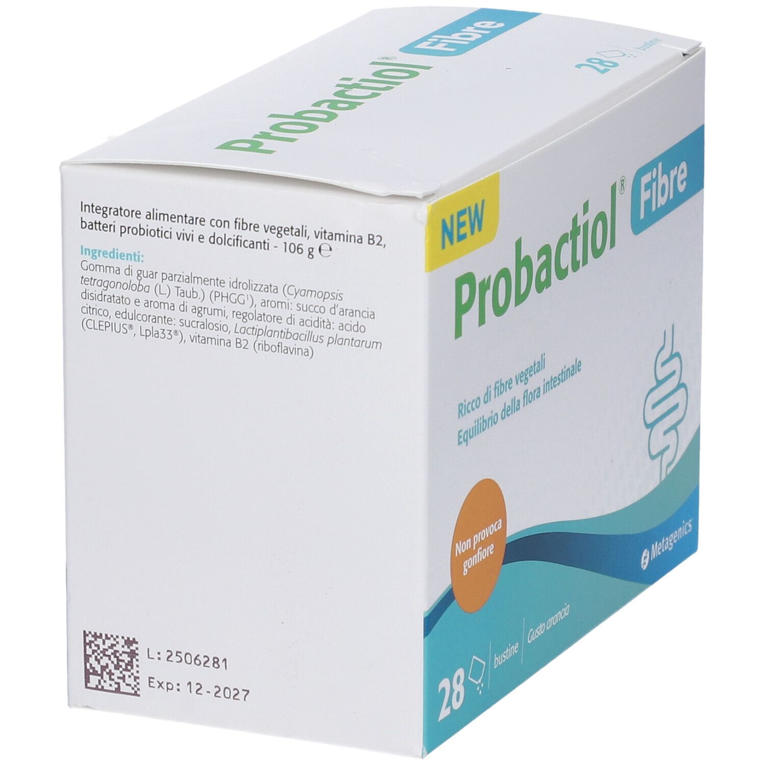 Scatola PROBACTIOL Fibre. Contiene 28 bustine. Testo: Ricco di fibre vegetali, Equilibrio della flora intestinale. Elenco ingredienti e scadenza.