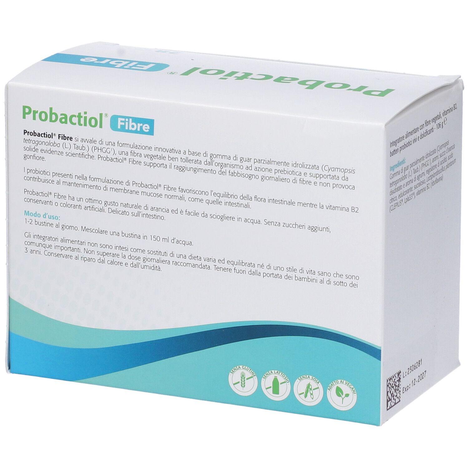 Scatola PROBACTIOL Fibre. Testo: Descrizione del prodotto, istruzioni per l'uso. Contiene 28 bustine. Senza zuccheri aggiunti.