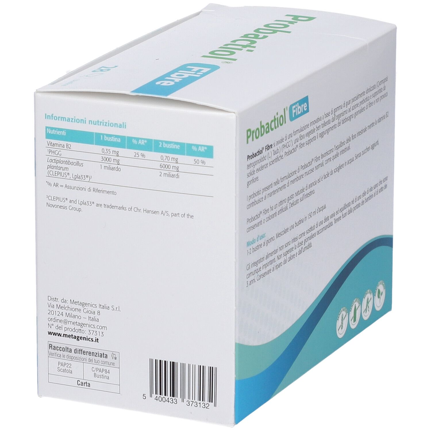 Scatola PROBACTIOL Fibre. Retro con informazioni nutrizionali e produttore. Contiene 28 bustine.