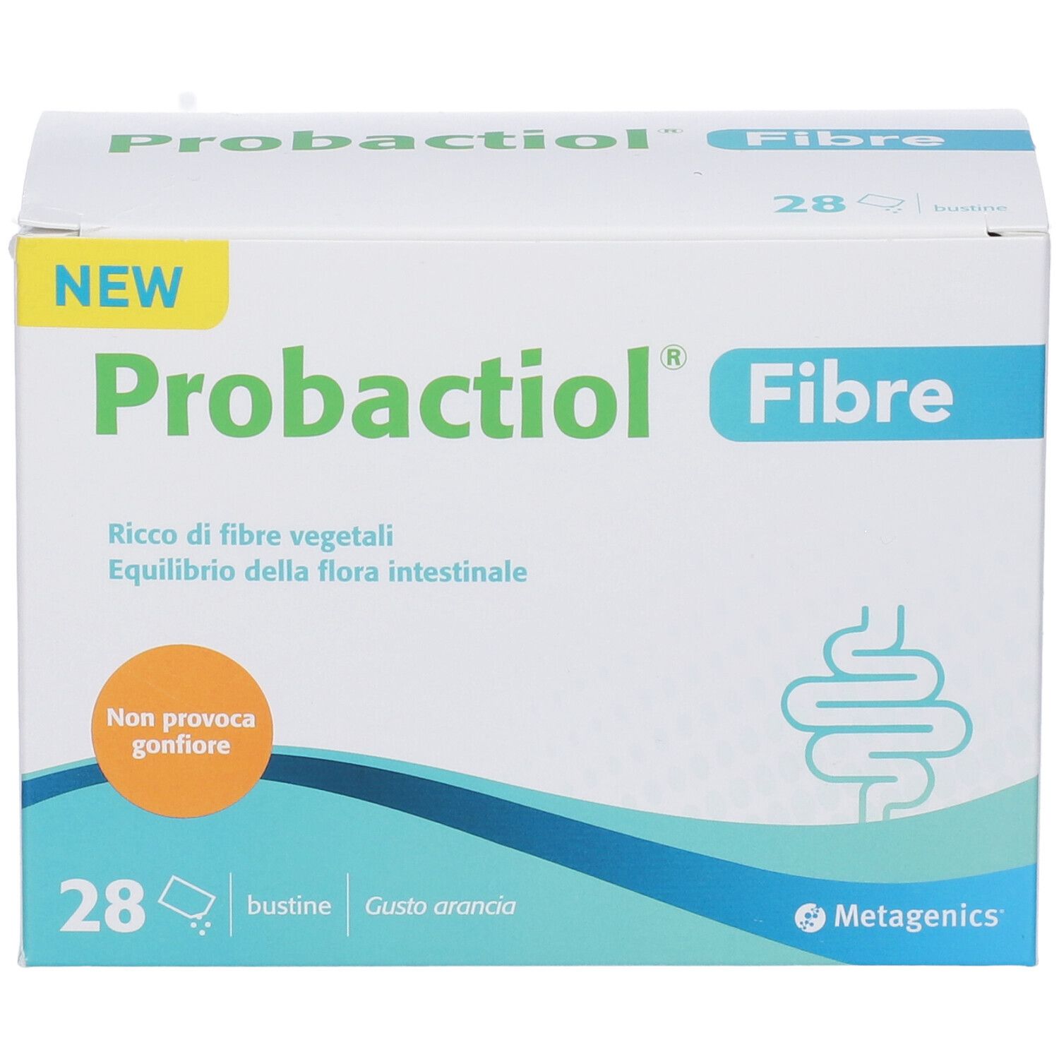 Scatola PROBACTIOL Fibre. Contiene 28 bustine. Testo: Ricco di fibre vegetali, Equilibrio della flora intestinale. Gusto arancia.