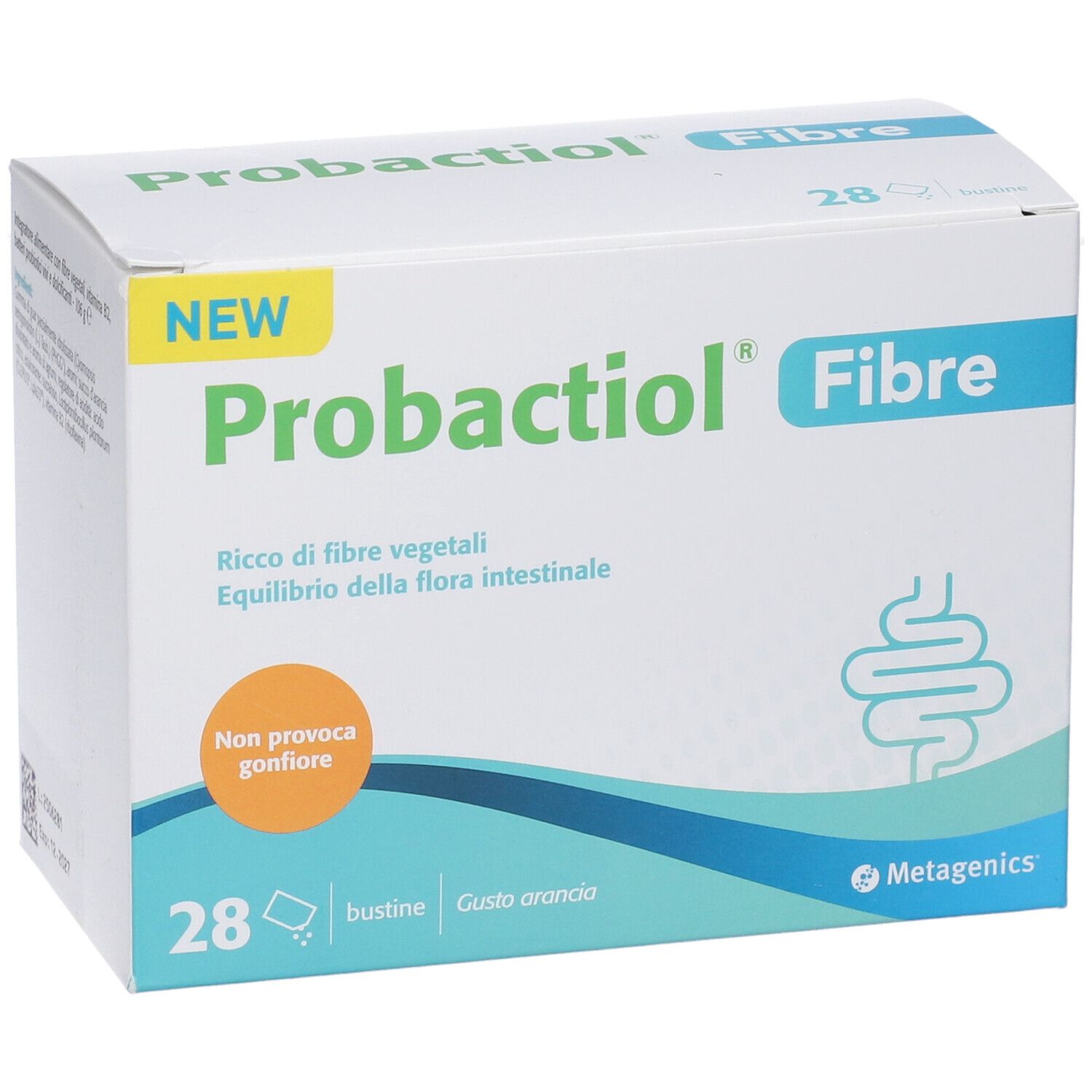 Scatola PROBACTIOL Fibre. Contiene 28 bustine. Testo: Ricco di fibre vegetali, Equilibrio della flora intestinale. Gusto arancia.