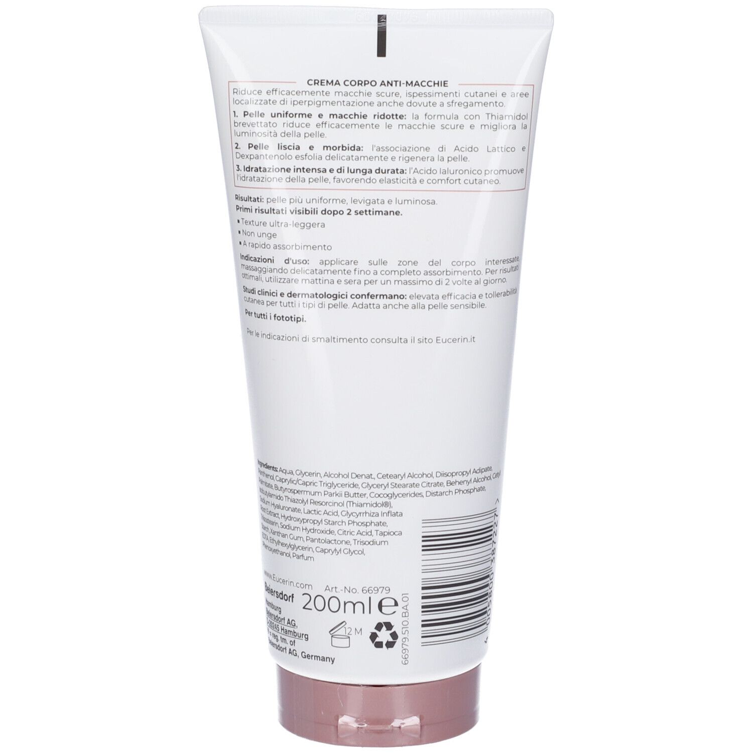Retro del tubo Eucerin Anti-Pigment Crema Corpo con istruzioni per l'uso e ingredienti. 200ml.