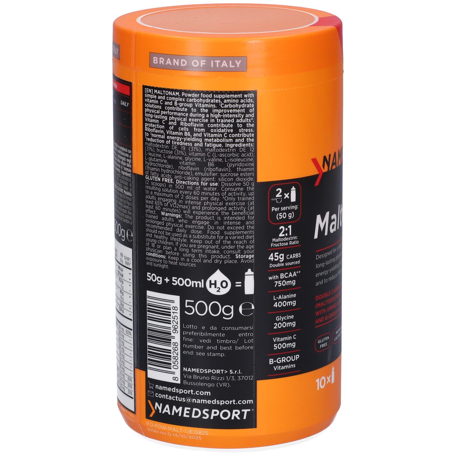 Retro del barattolo. Contiene informazioni sugli ingredienti e il valore nutrizionale. Marchio NAMEDSPORT. Contenuto 500g.