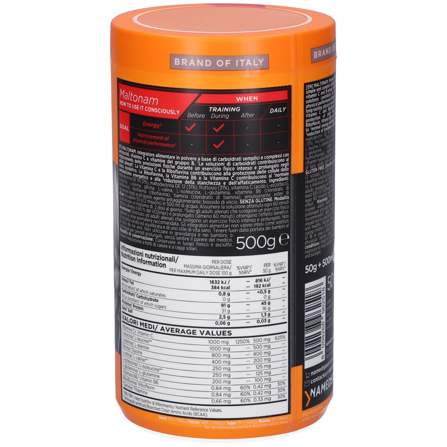 Retro del barattolo con informazioni nutrizionali. Marchio NAMEDSPORT. Contenuto 500g.