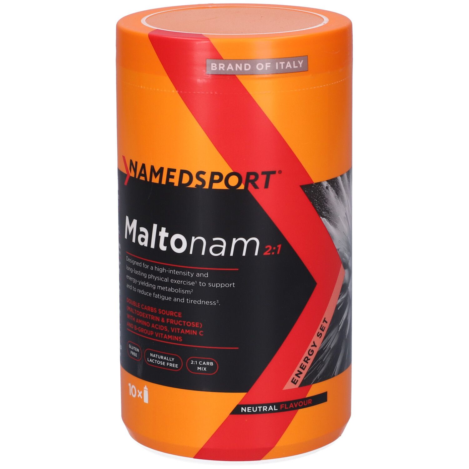 Barattolo arancione con scritte nere e rosse. Contiene Maltonam 2:1 di NAMEDSPORT. Energy Set.
