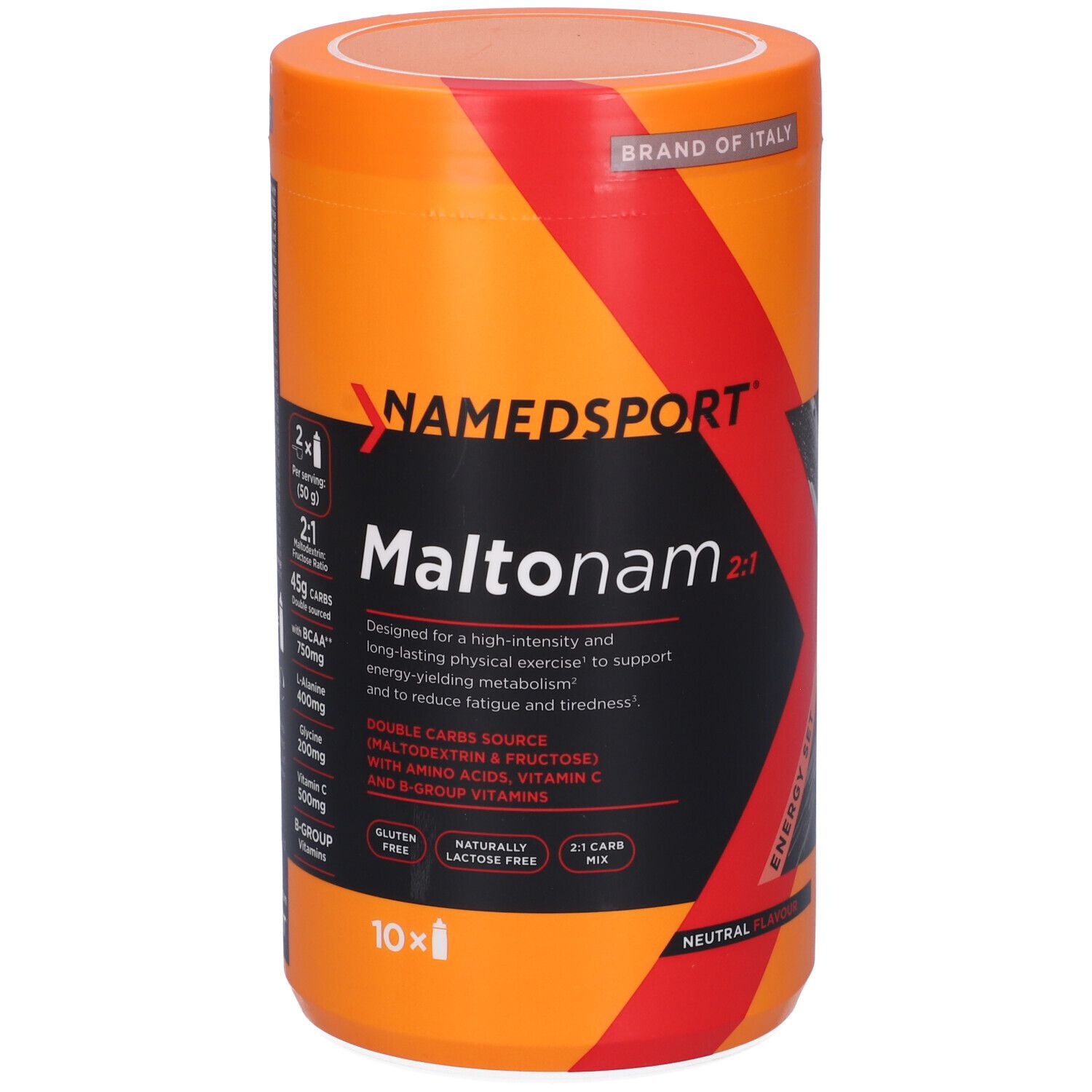 Barattolo arancione con scritte nere e rosse. Contiene Maltonam 2:1 di NAMEDSPORT. Senza glutine, senza lattosio. 10x porzioni.