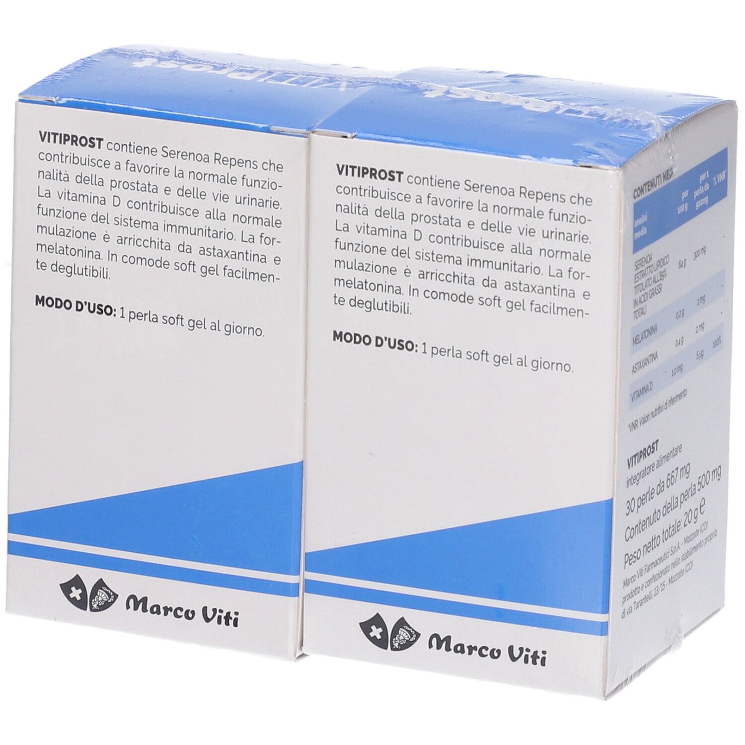 Due confezioni di Vitiprost, integratore alimentare con Saw Palmetto, Vitamina D, Melatonina.