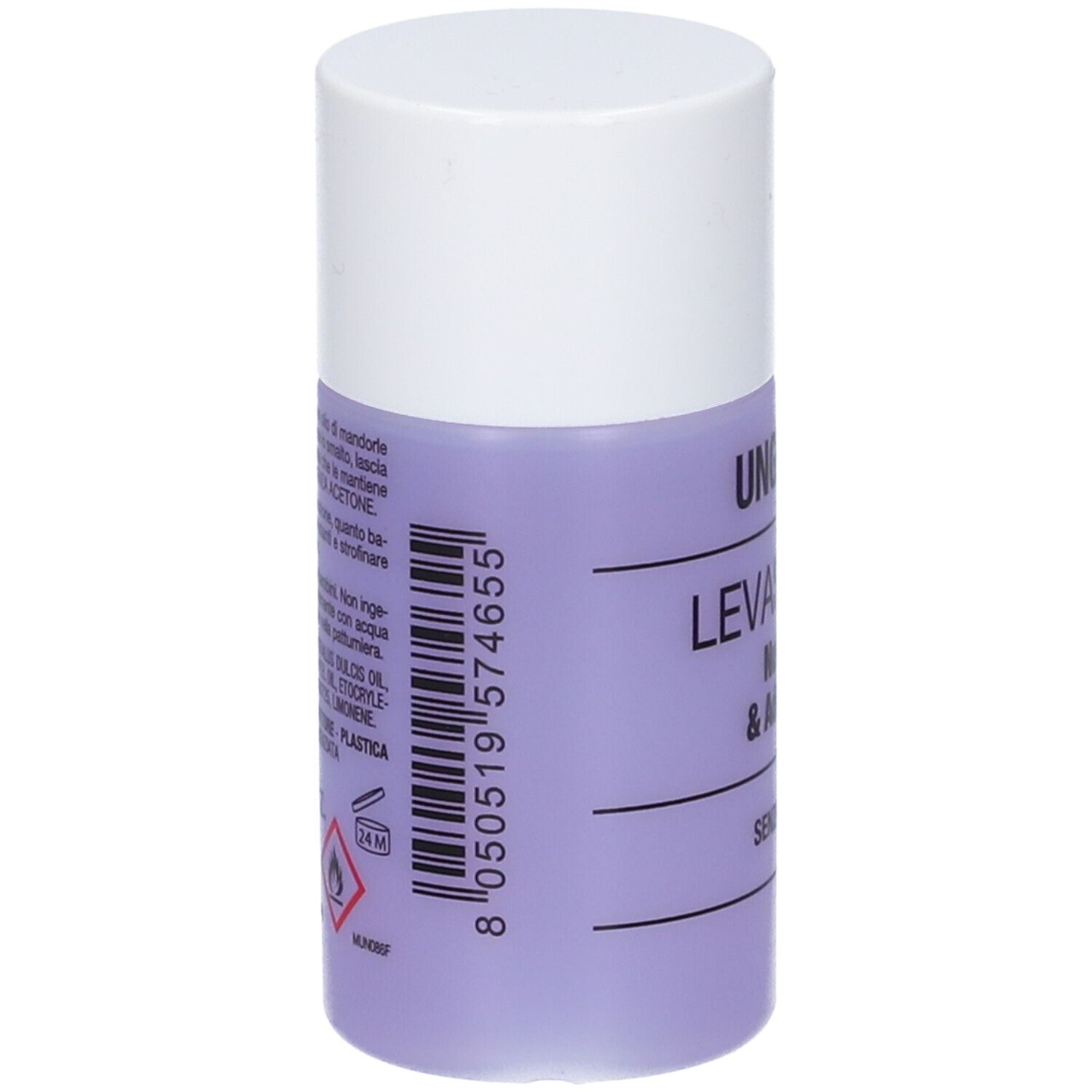 Flacone UNGHIASIL LEVASMALTO. Liquido viola, tappo bianco. Codice a barre e testo sul retro.