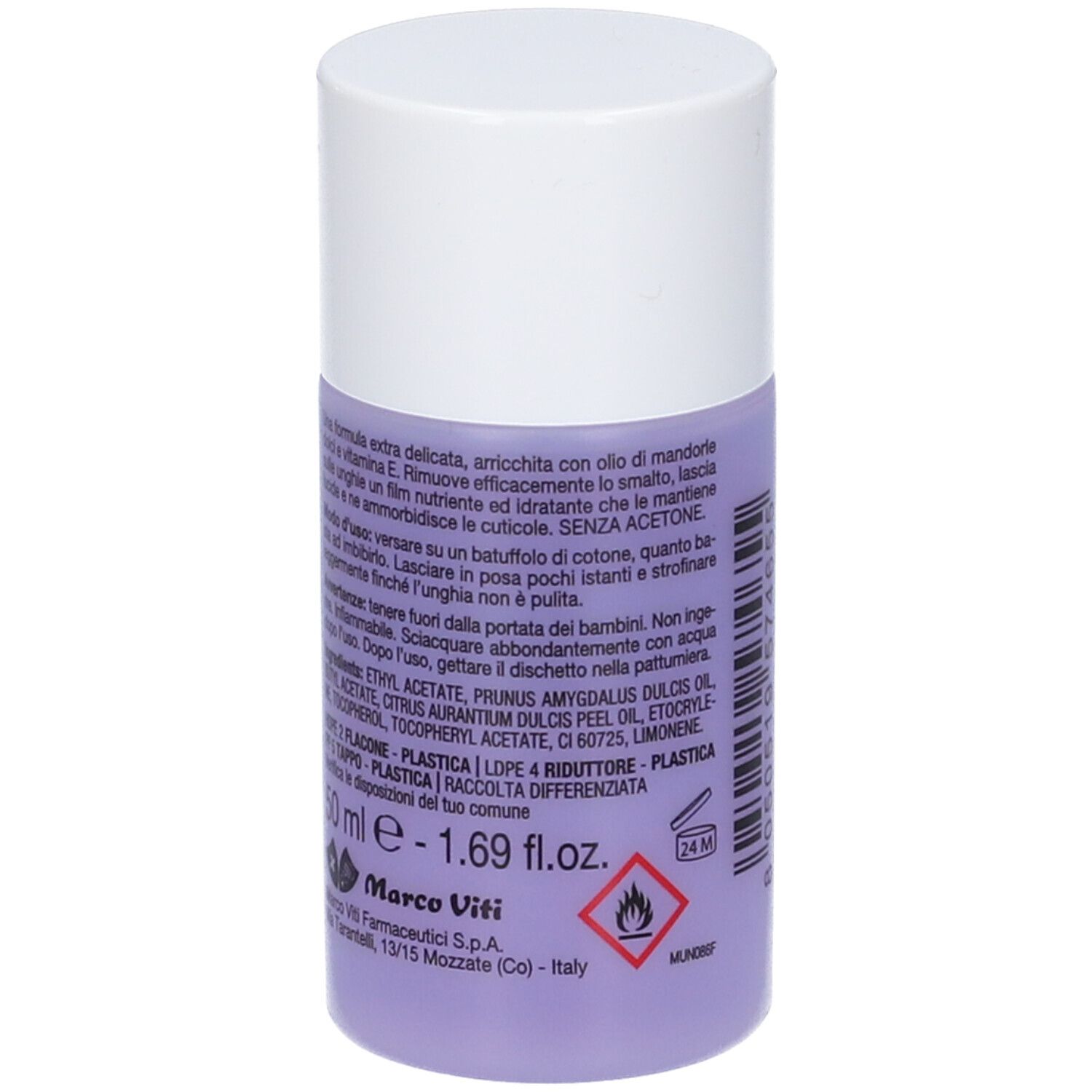 Flacone UNGHIASIL LEVASMALTO. Liquido viola, tappo bianco. Testo sul retro, 50 ml, 1.69 fl.oz.
