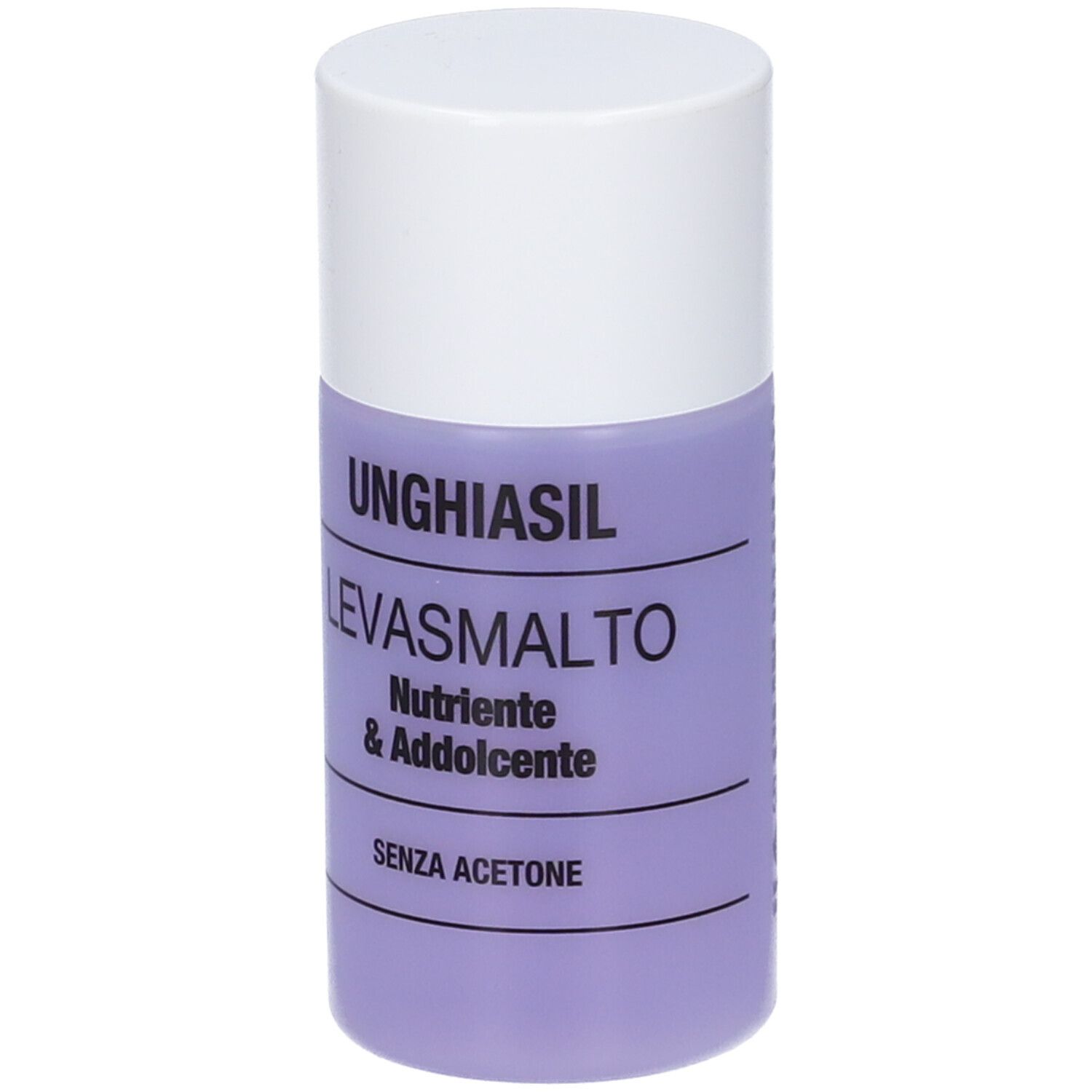 Flacone UNGHIASIL LEVASMALTO. Liquido viola, tappo bianco. Testo: Nutriente & Addolcente, SENZA ACETONE.