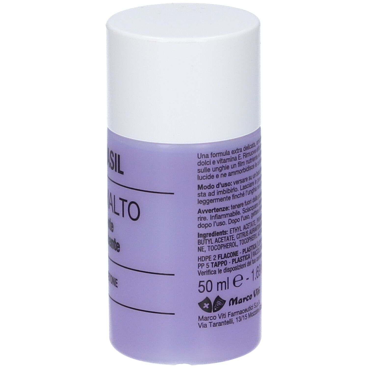 Flacone UNGHIASIL LEVASMALTO. Liquido viola, tappo bianco. Testo sul retro, 50 ml, 1.69 fl.oz.