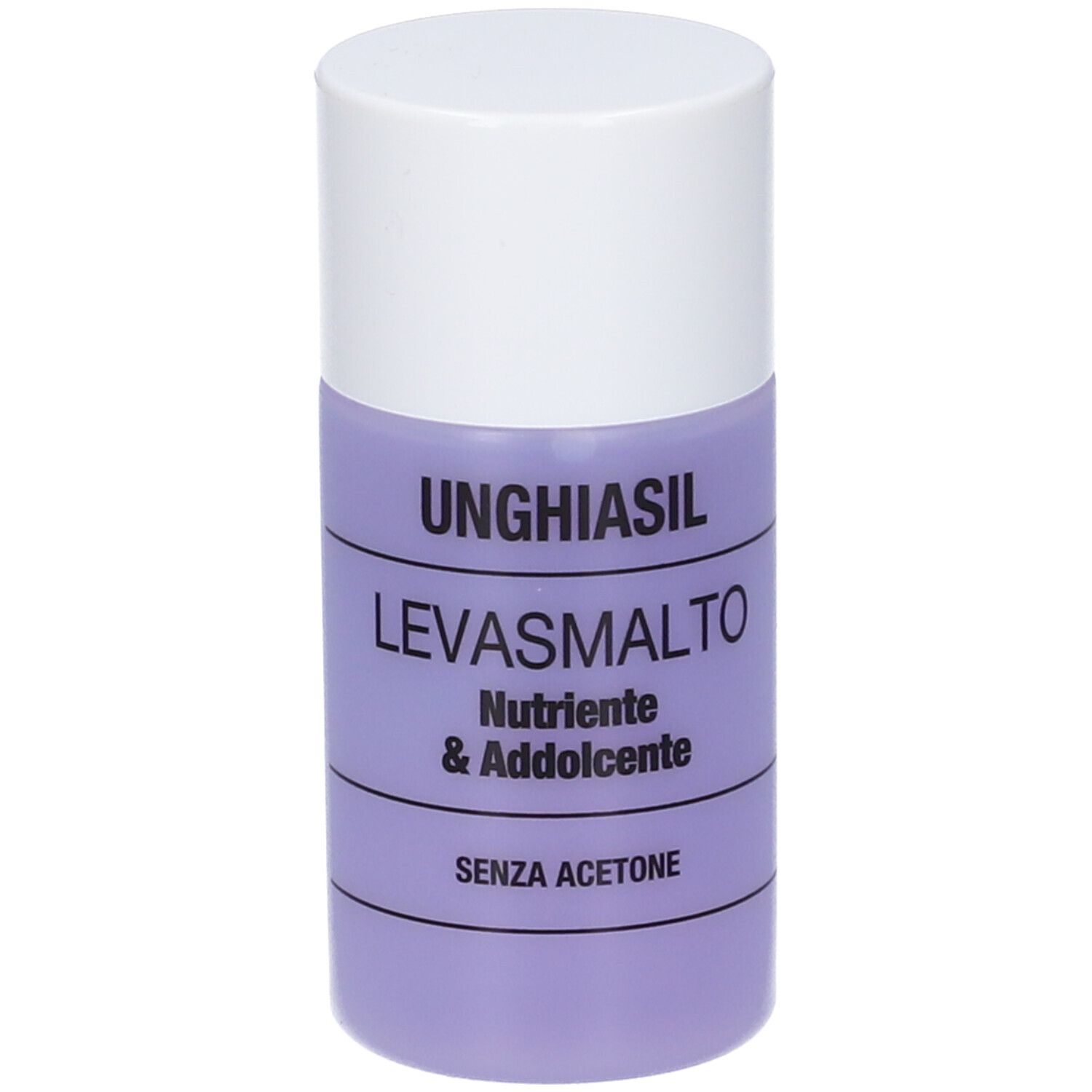 Flacone UNGHIASIL LEVASMALTO. Liquido viola, tappo bianco. Testo: Nutriente & Addolcente, SENZA ACETONE.