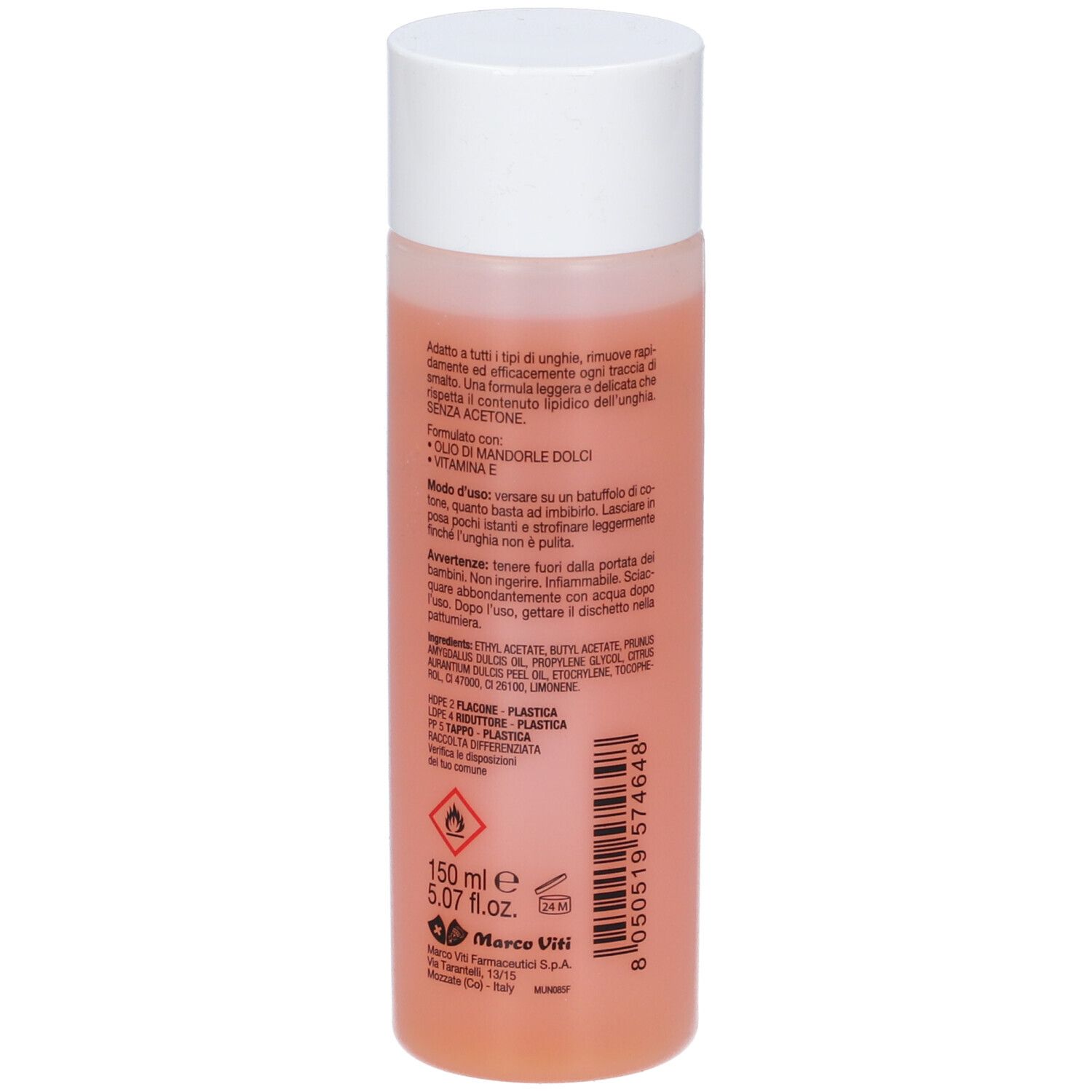 Flacone cilindrico, tappo bianco. Etichetta con testo, ingredienti e avvertenze. 150 ml.