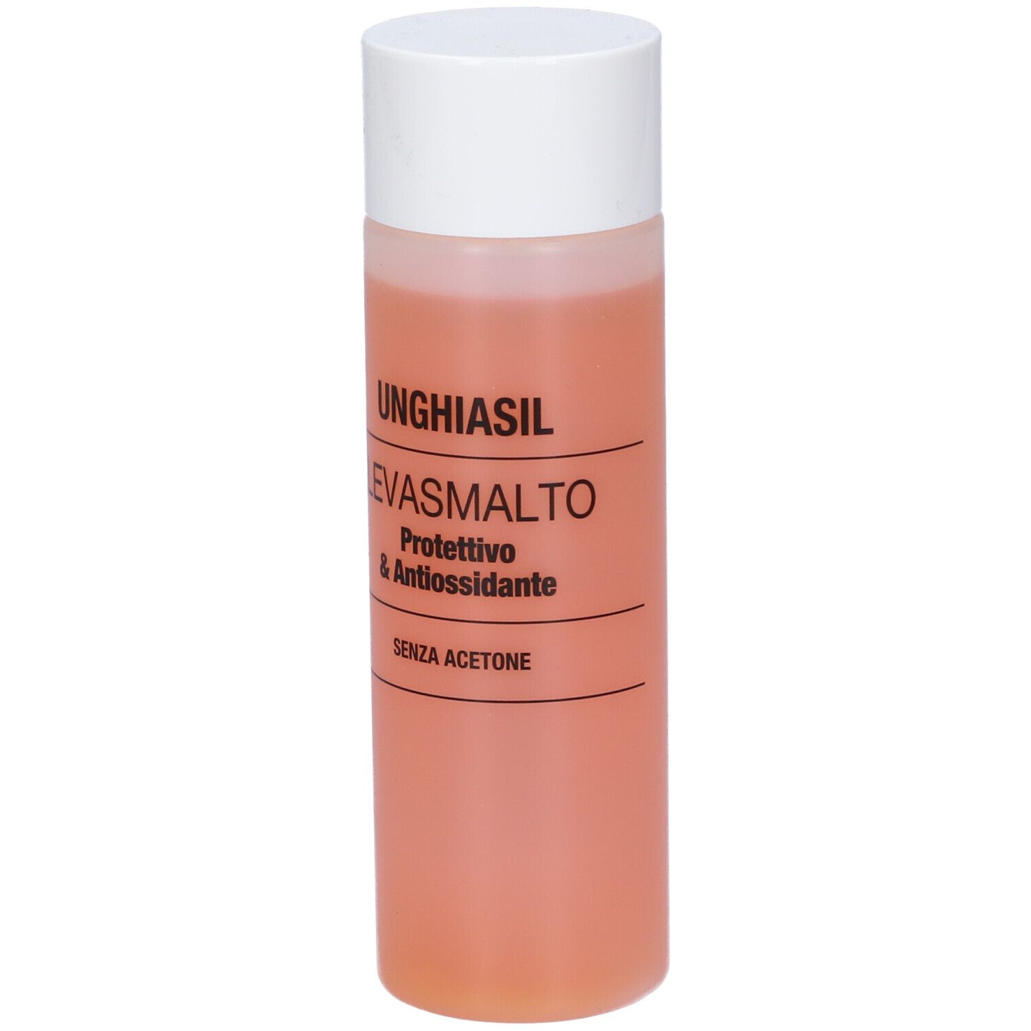 Flacone cilindrico con tappo bianco. Scritta: UNGHIASIL LEVASMALTO, Protettivo & Antiossidante, SENZA ACETONE.