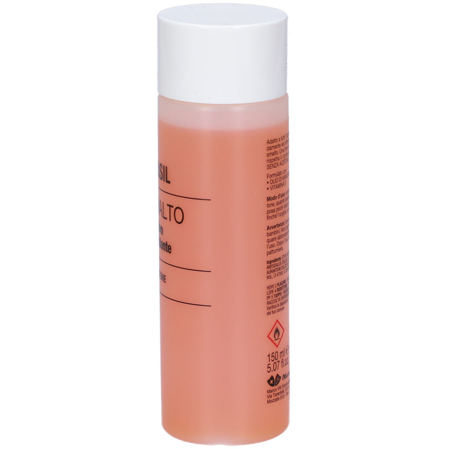 Flacone cilindrico, tappo bianco. Etichetta con testo e avvertenze. 150 ml.