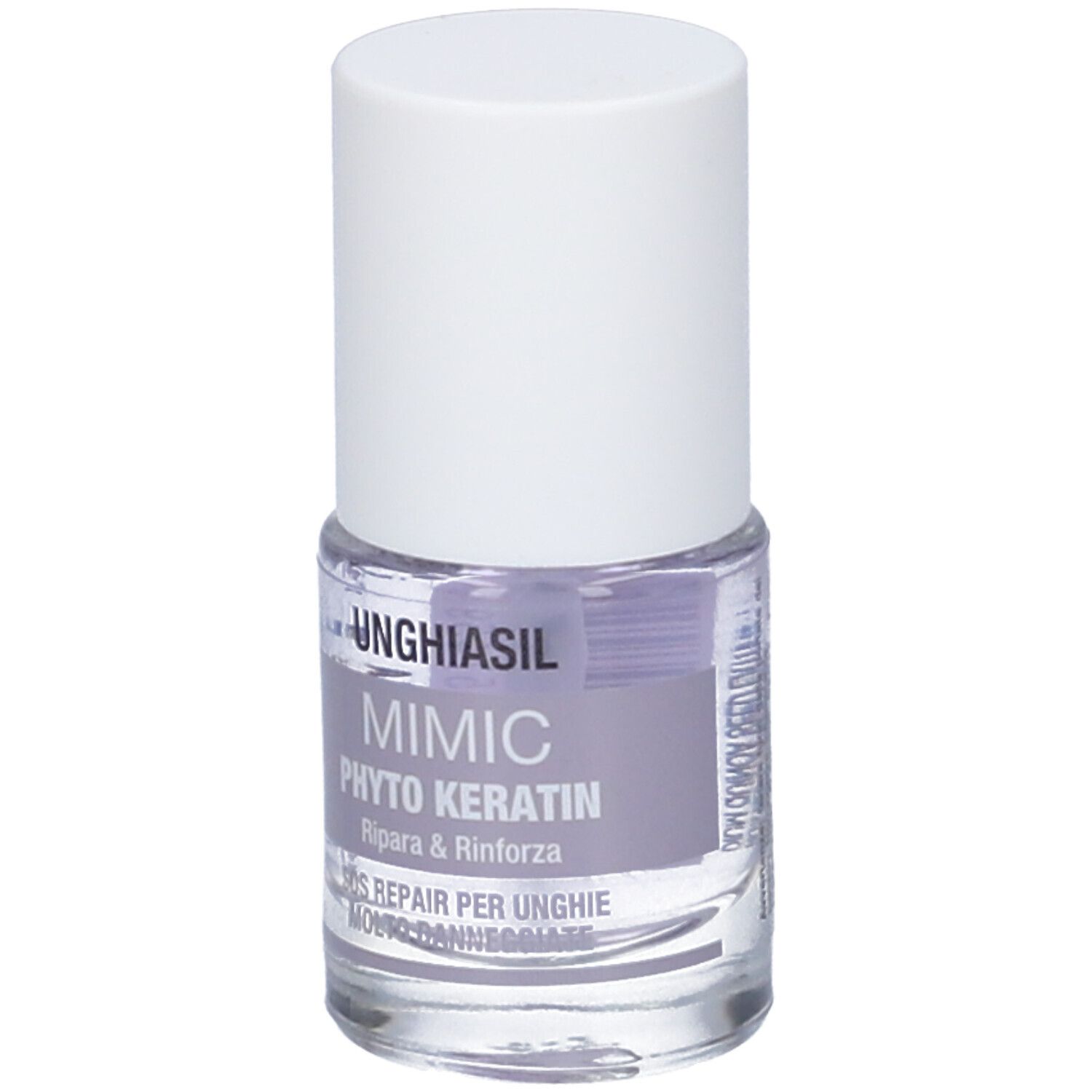 Flacone con tappo bianco. Scritta: UNGHIASIL MIMIC PHYTO KERATIN. SOS Riparazione unghie.