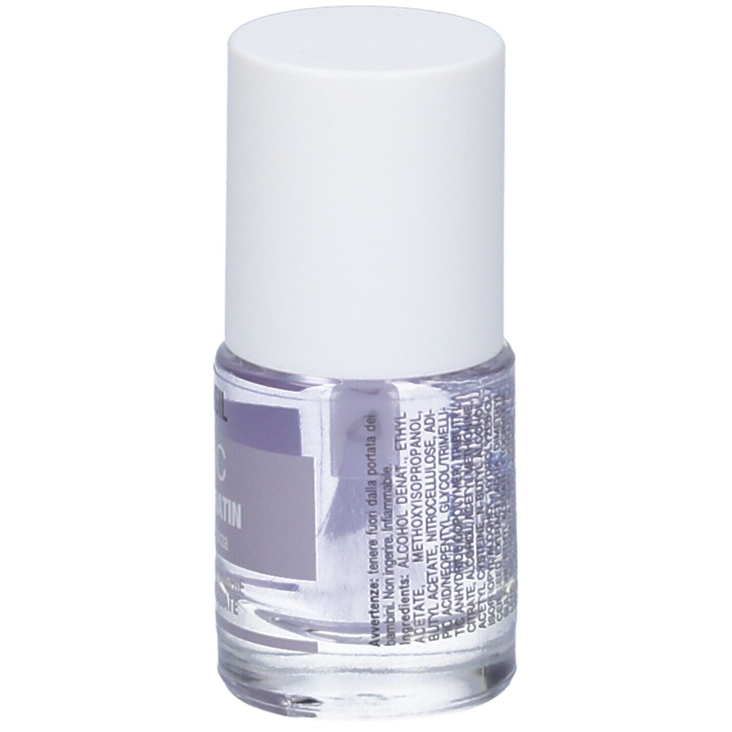 Flacone con tappo bianco. Scritta: UNGHIASIL MIMIC PHYTO KERATIN. Retro con avvertenze.
