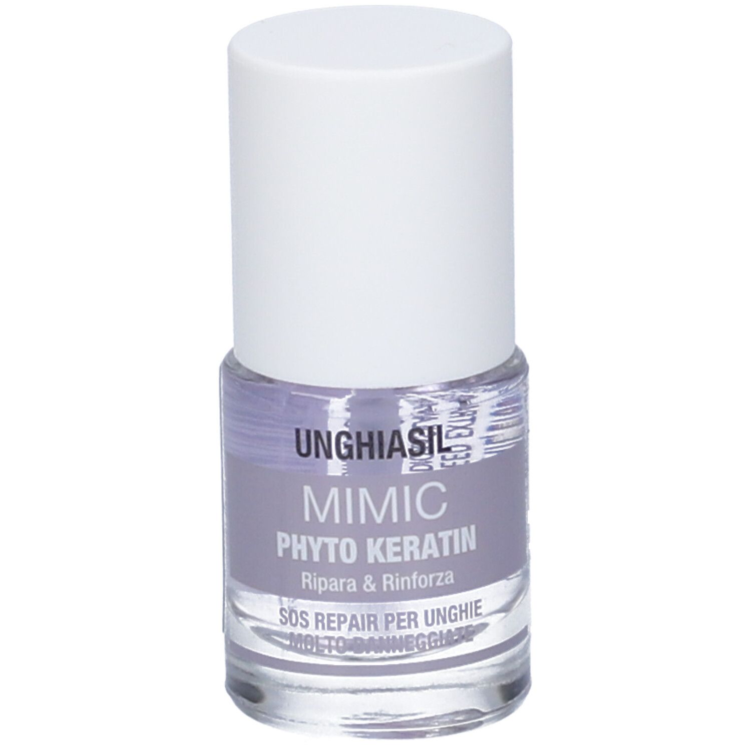 Flacone con tappo bianco. Scritta: UNGHIASIL MIMIC PHYTO KERATIN. SOS Riparazione unghie.