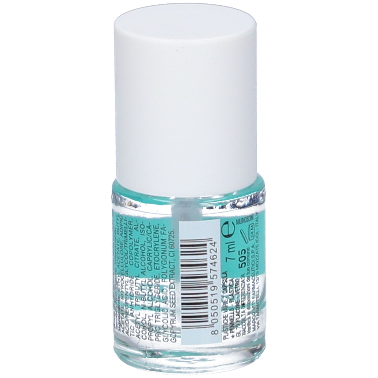 Flacone di smalto per unghie con tappo bianco. Retro con testo e codice a barre. Volume: 7 ml.