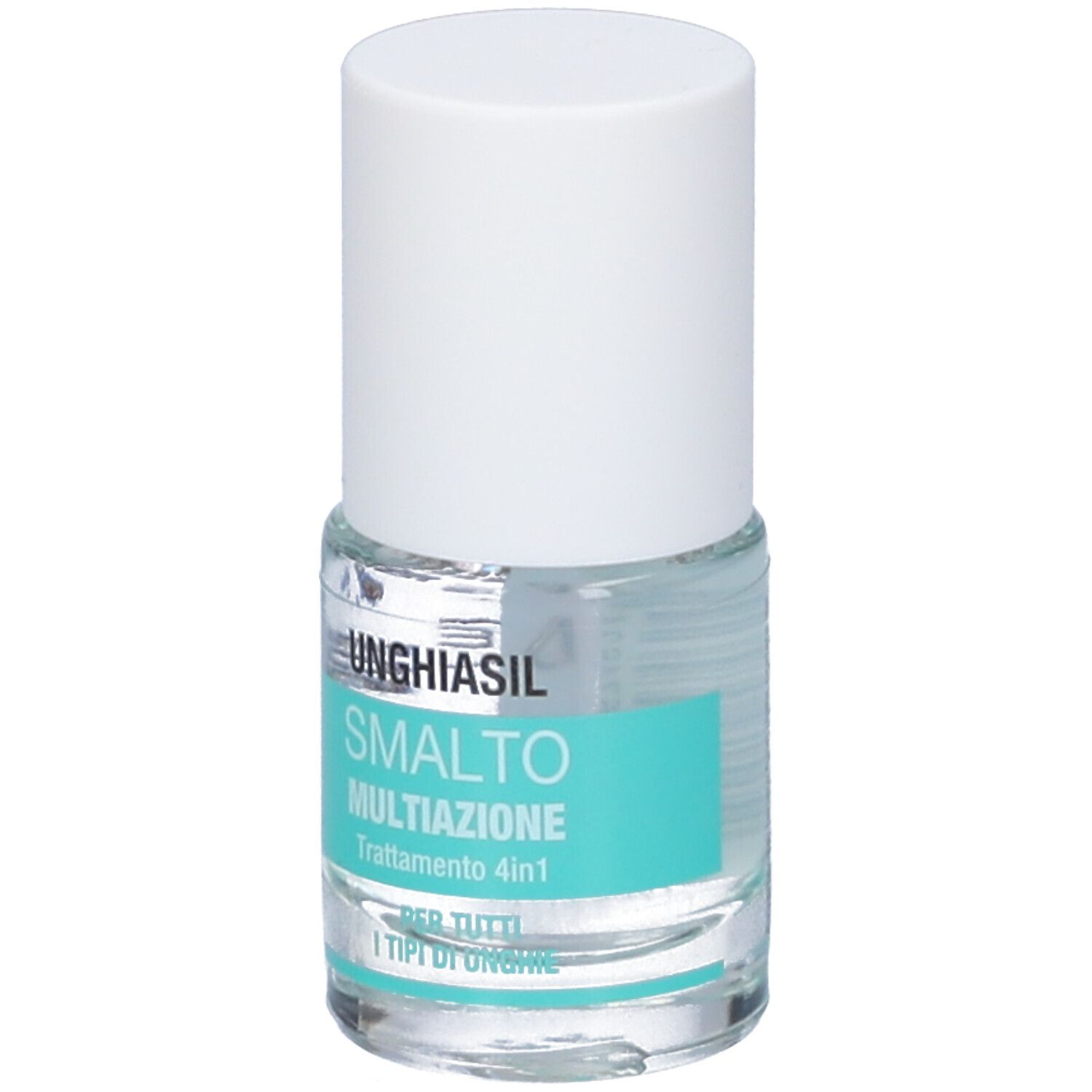 Flacone di smalto per unghie con tappo bianco. Scritta: UNGHIASIL SMALTO MULTIAZIONE, trattamento 4 in 1. Per tutti i tipi di unghie.