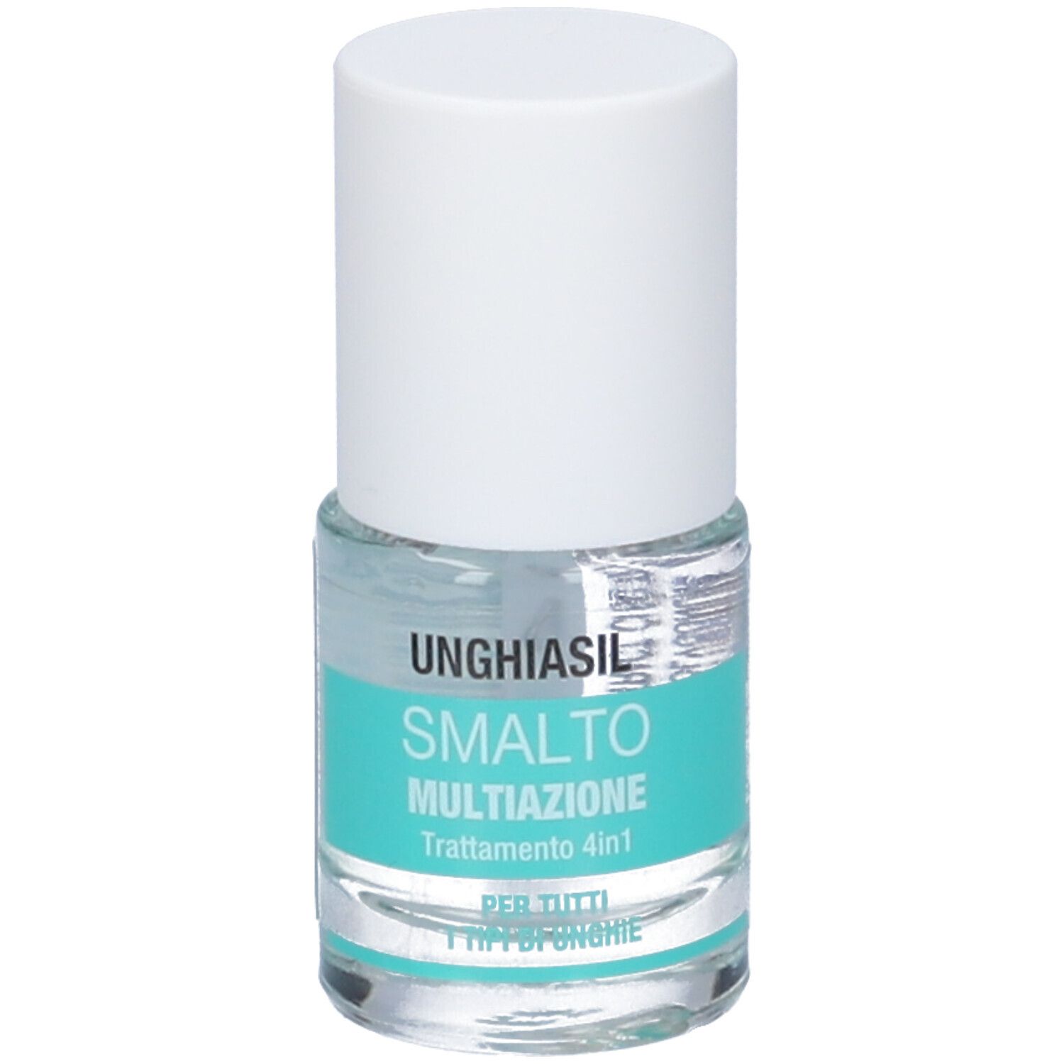 Flacone di smalto per unghie con tappo bianco. Scritta: UNGHIASIL SMALTO MULTIAZIONE, trattamento 4 in 1. Per tutti i tipi di unghie.