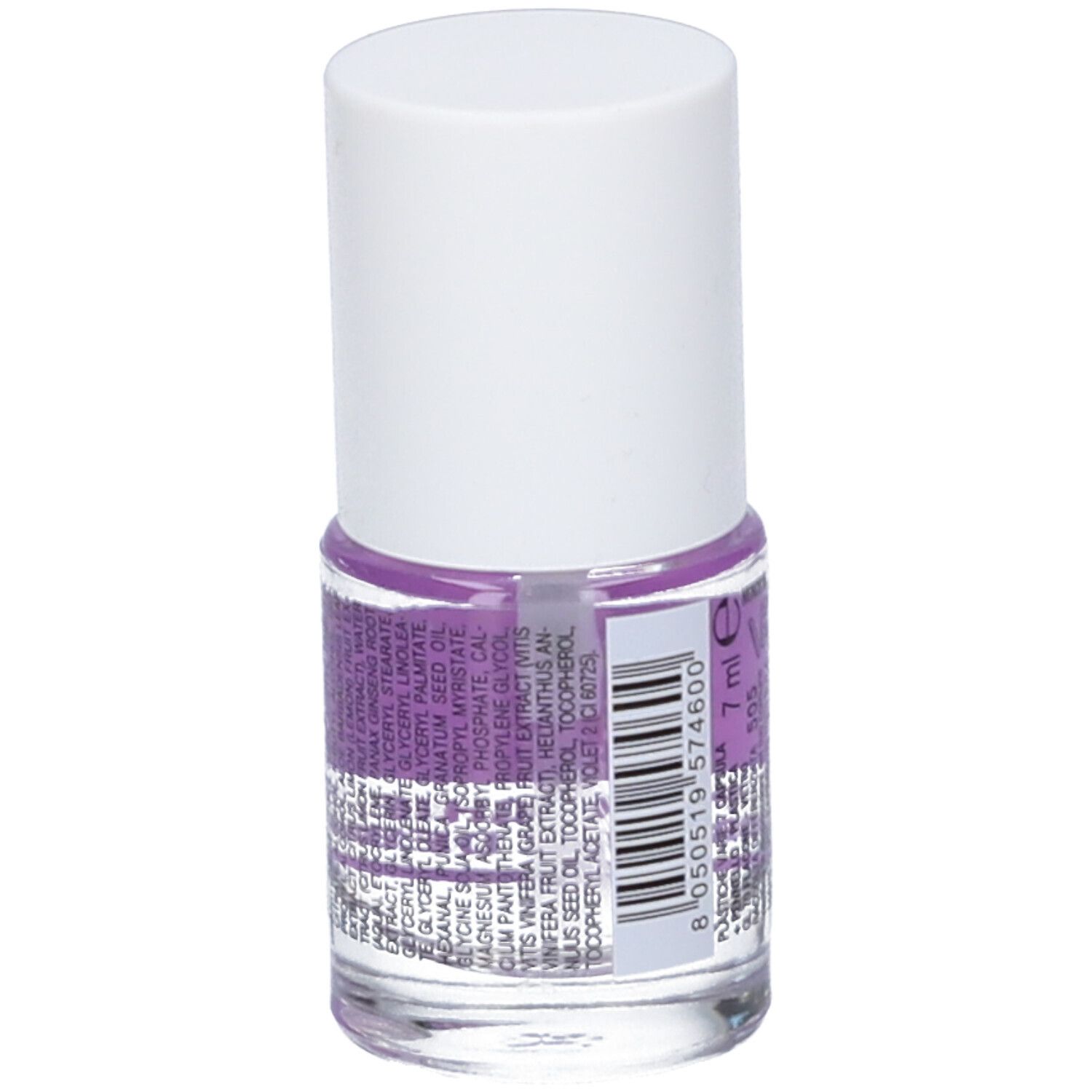 Flacone di smalto con tappo bianco. Retro con ingredienti e indicazione volume 7 ml.