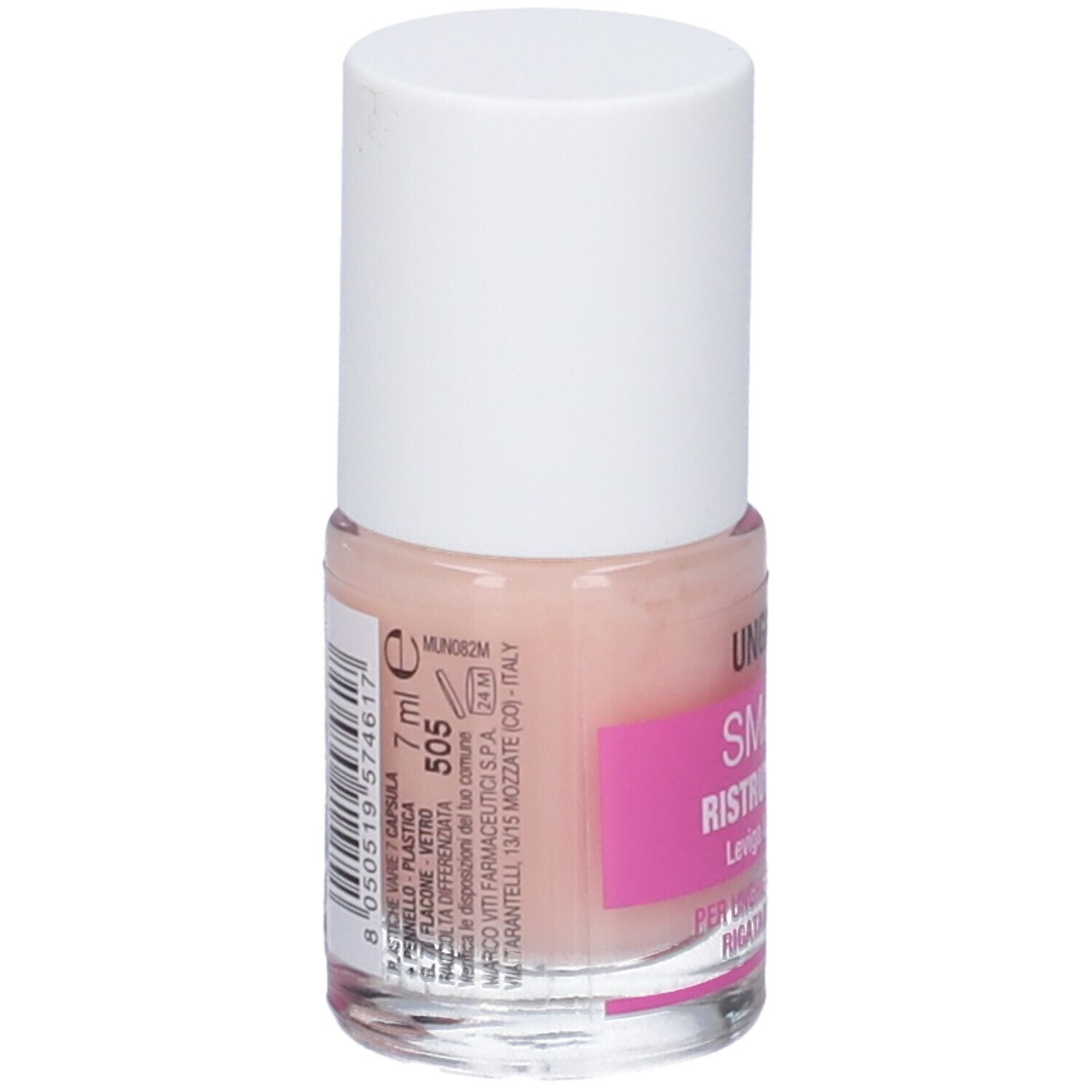 Flacone di smalto con tappo bianco. Etichetta rosa con testo. Scritta: 7 ml. Informazioni stampate sul flacone.