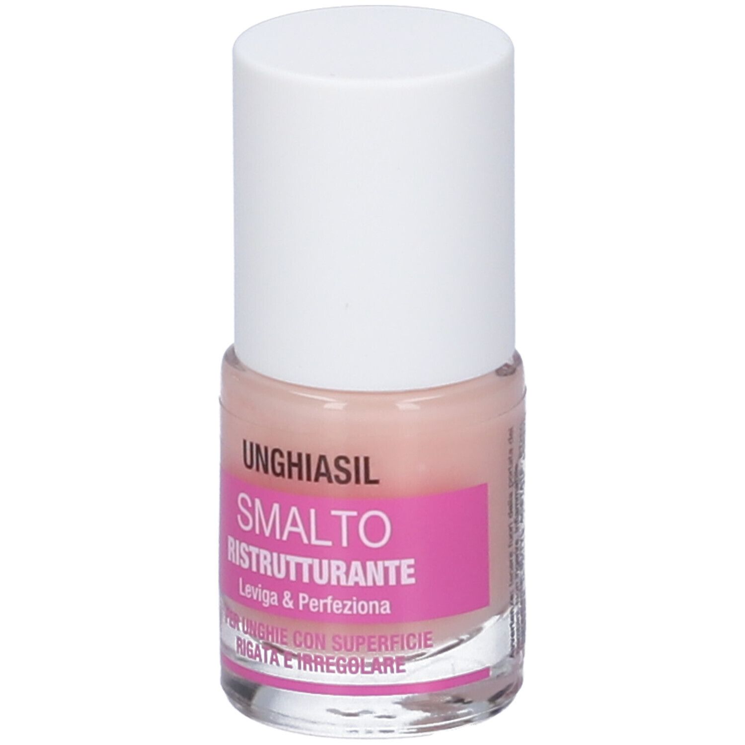 Flacone di smalto con tappo bianco. Etichetta rosa con testo: UNGHIASIL SMALTO RISTRUTTURANTE. Liquido trasparente visibile.