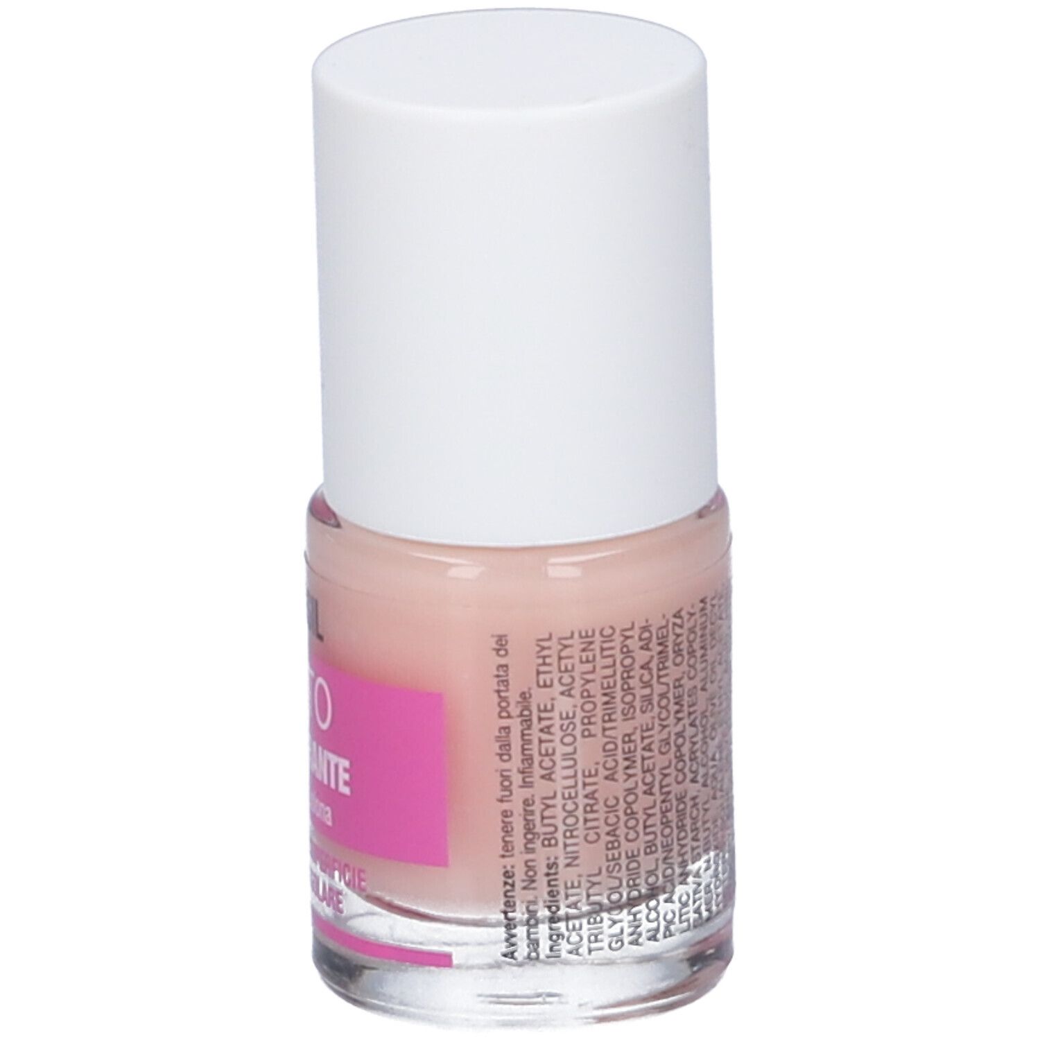 Flacone di smalto con tappo bianco. Etichetta rosa con testo. Ingredienti e avvertenze stampati sul flacone.