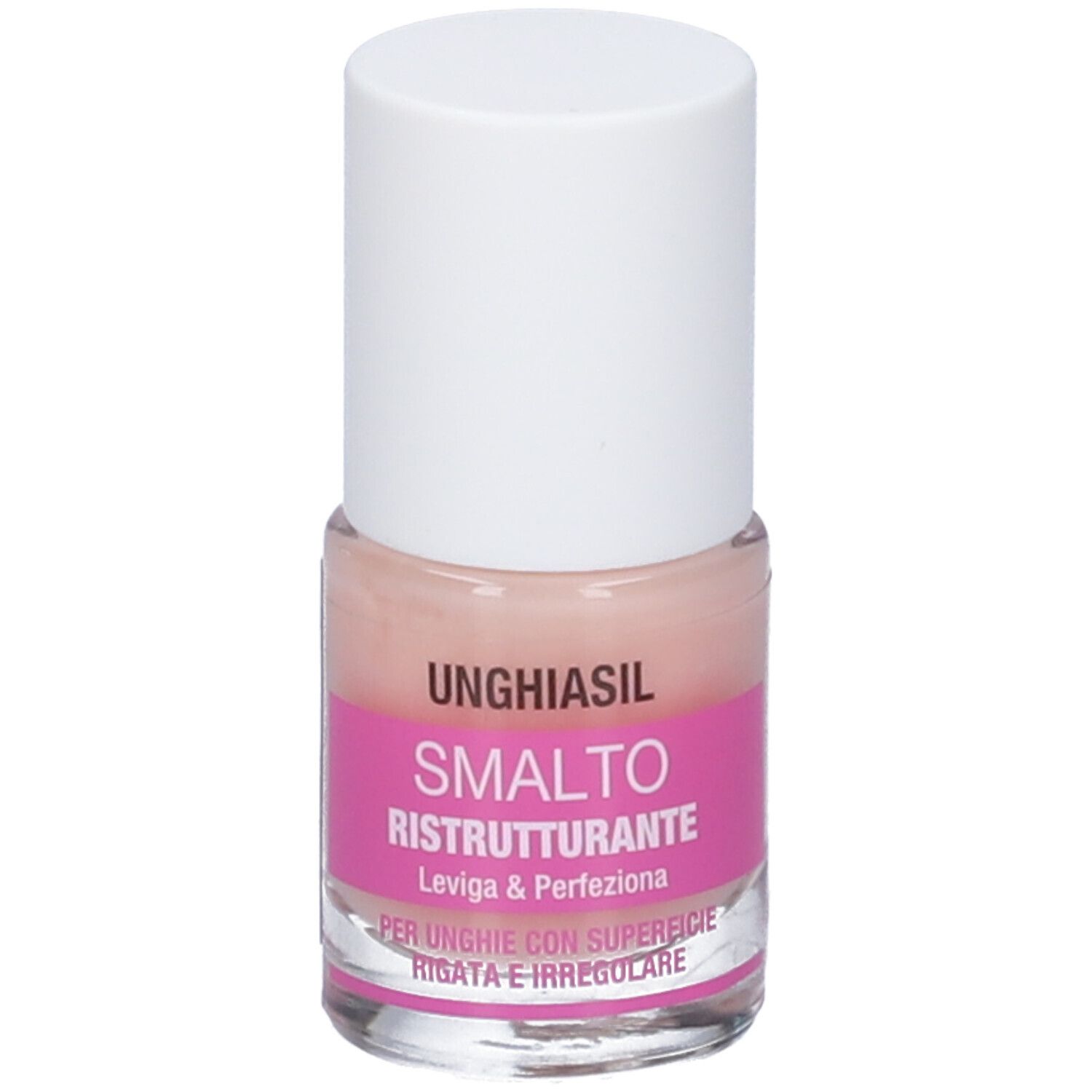 Flacone di smalto con tappo bianco. Etichetta rosa con testo: UNGHIASIL SMALTO RISTRUTTURANTE. Liquido trasparente visibile.