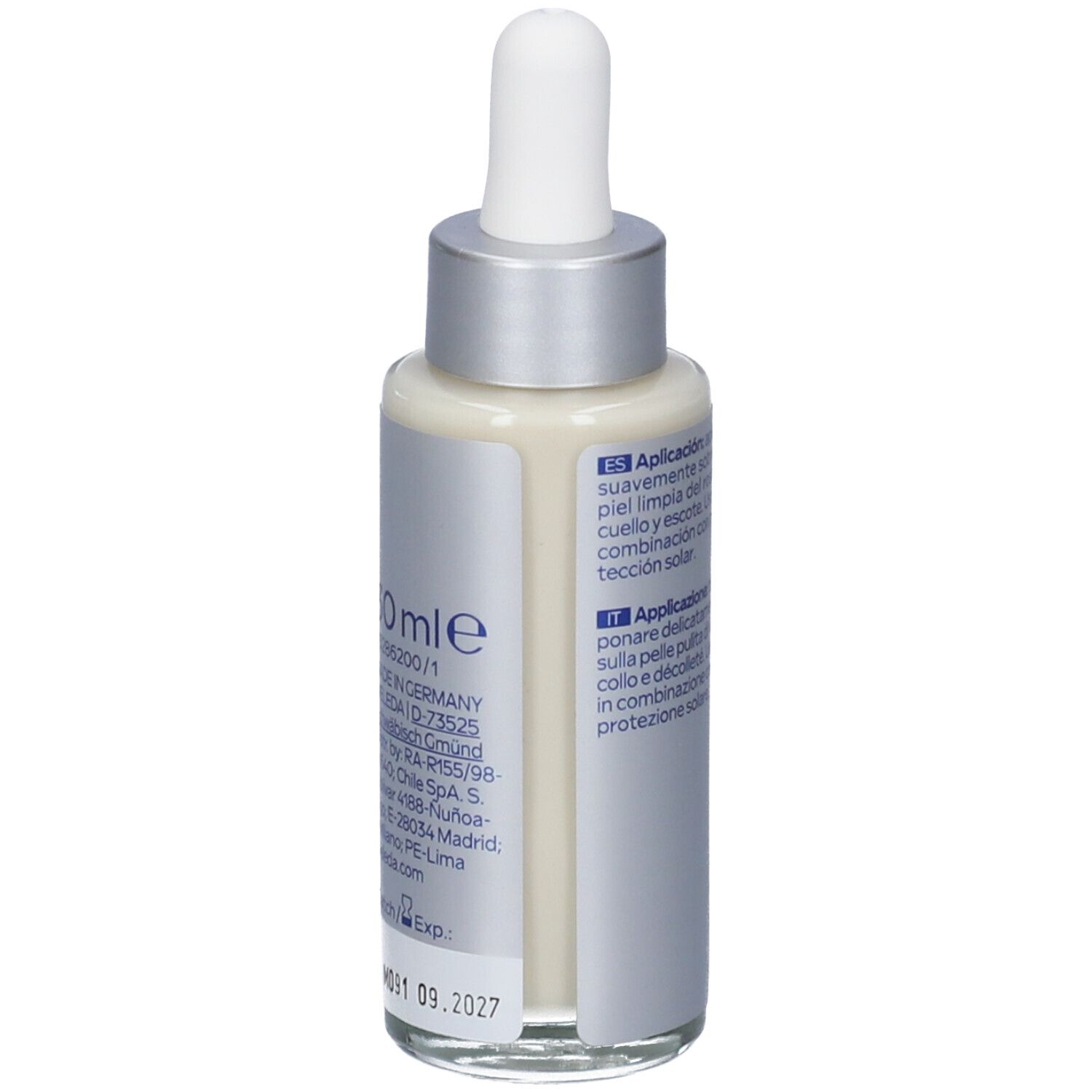 Flacone di siero Weleda. Testo: istruzioni per l'uso in spagnolo e italiano. Scritta: Sérum Illuminador Antimanchas.